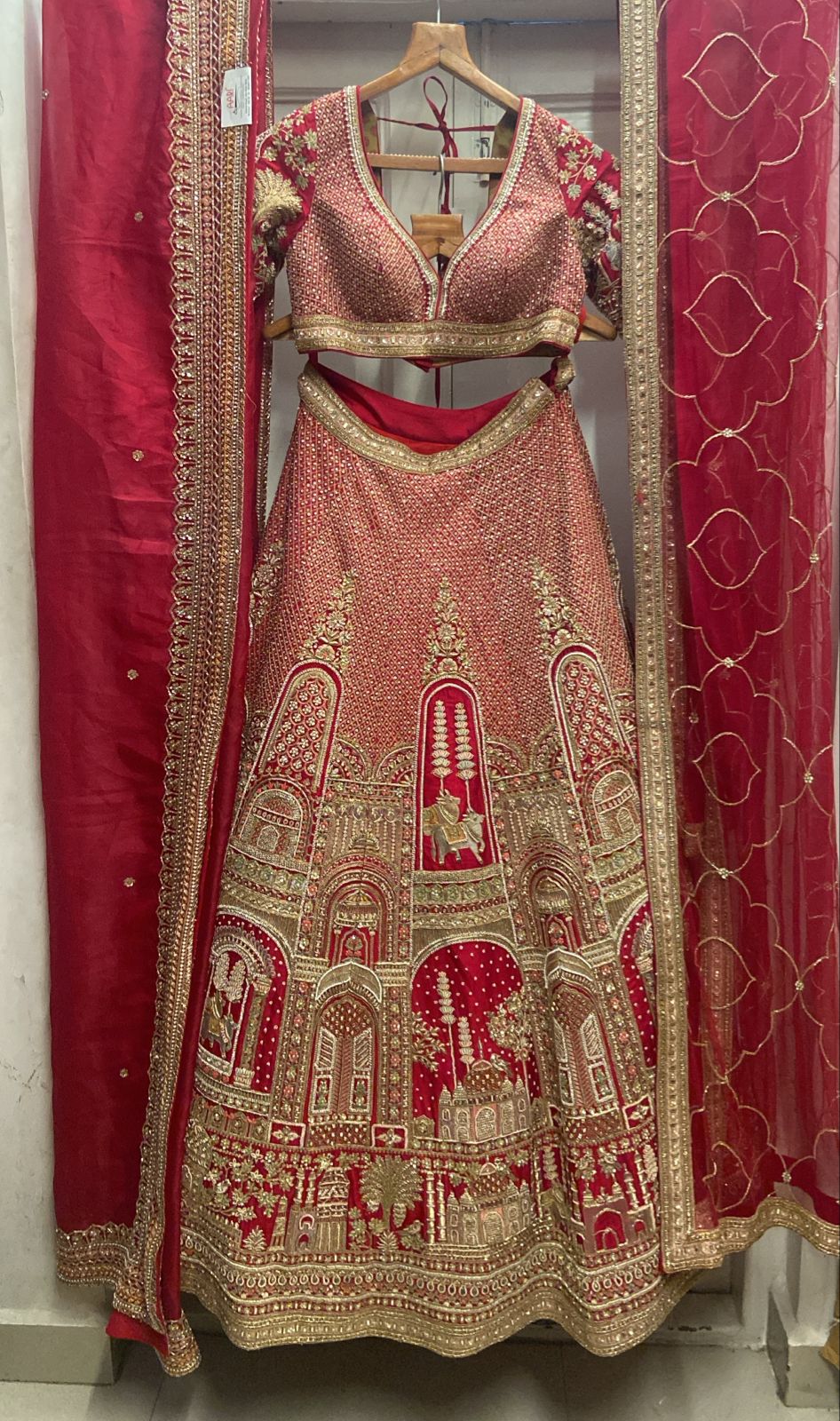Red Matka Silk Designer Bridal Lehenga with Double Dupatta - Image 3