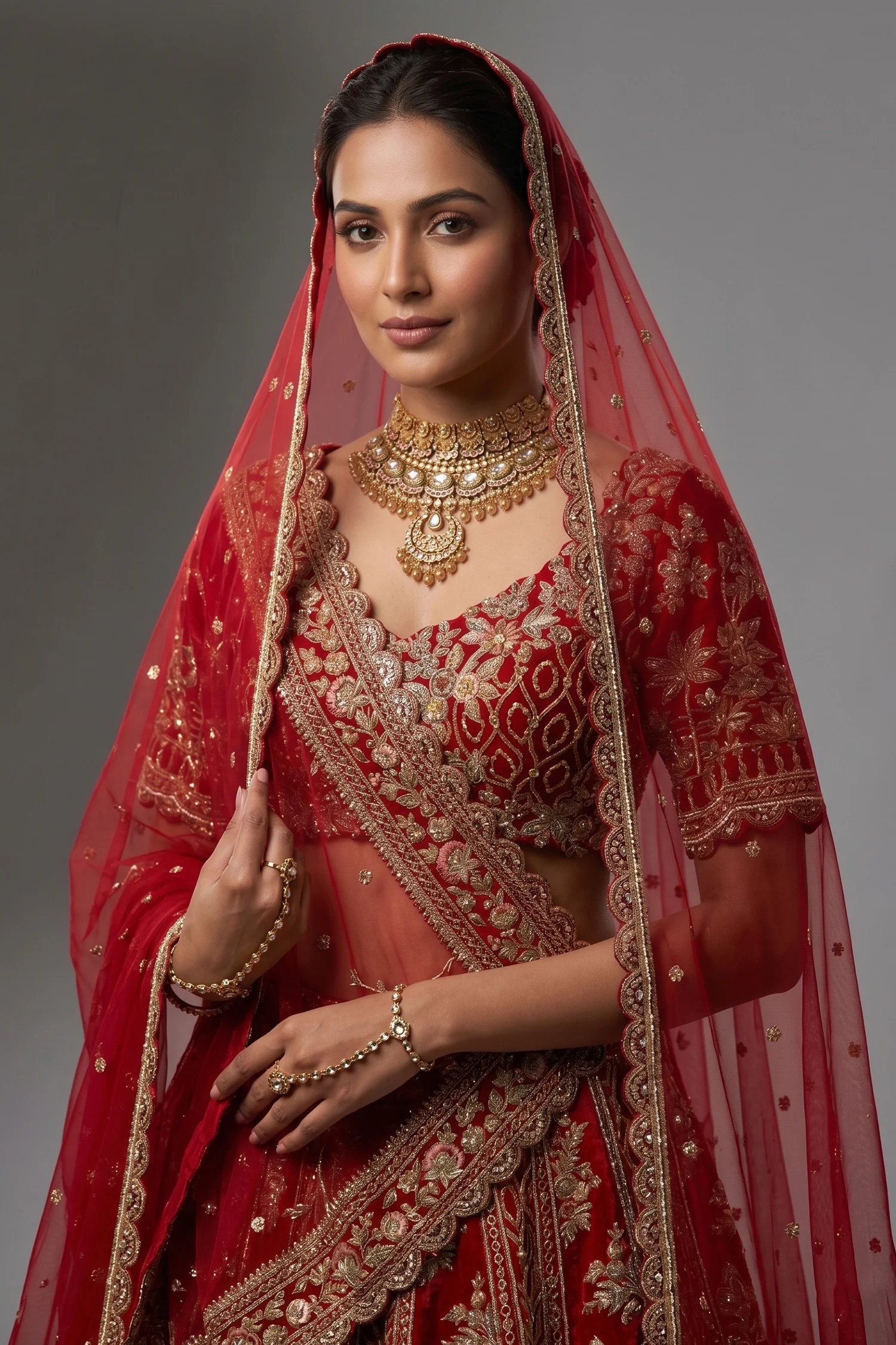 Red Matka Silk Designer Bridal Lehenga with Double Dupatta - Image 2