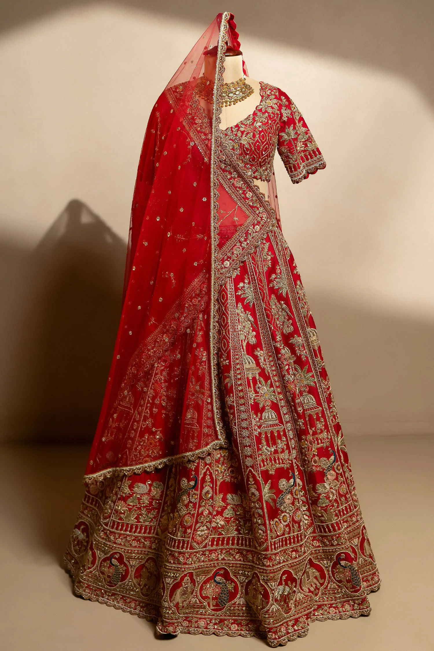 Red Matka Silk Designer Bridal Lehenga with Double Dupatta - Image 3