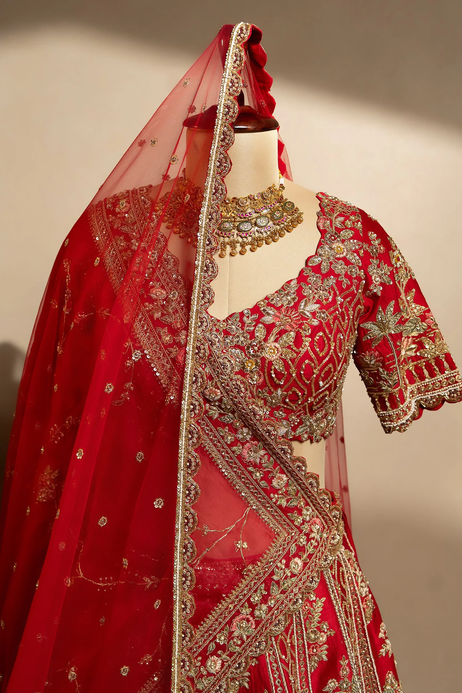 Red Matka Silk Designer Bridal Lehenga with Double Dupatta - Image 4