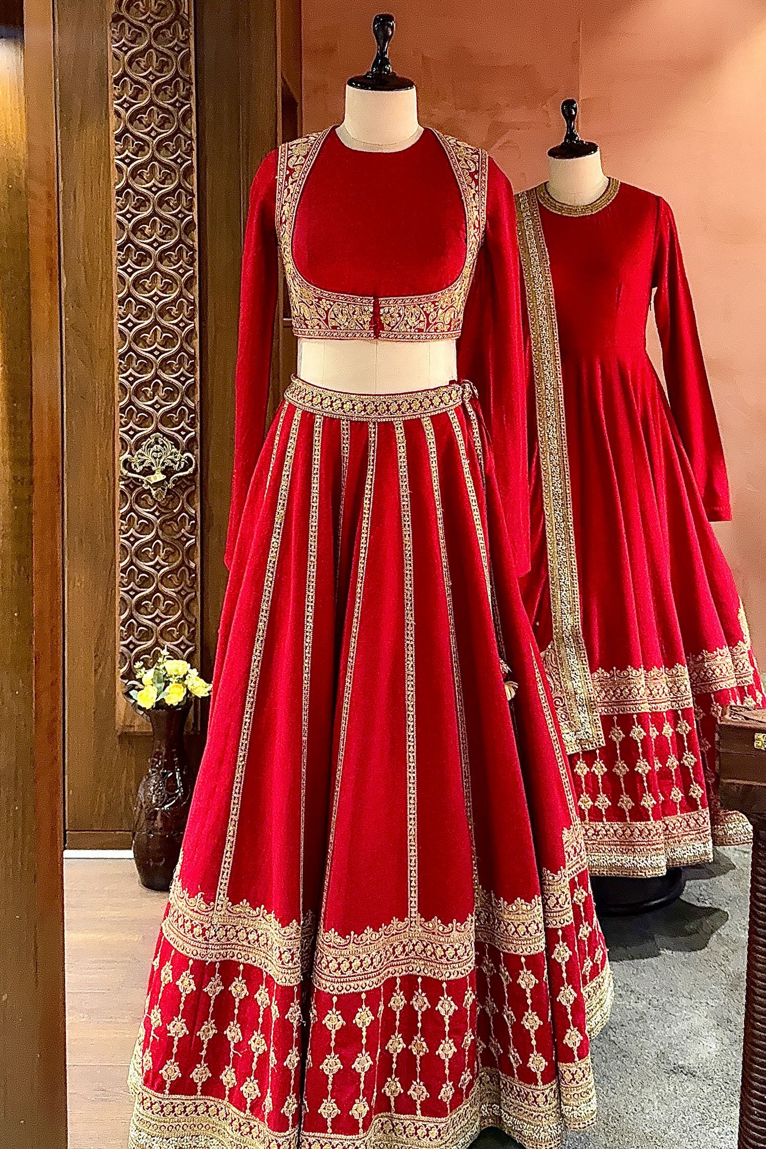 Red Matka Silk Sequins embroidered Lehenga - Image 3
