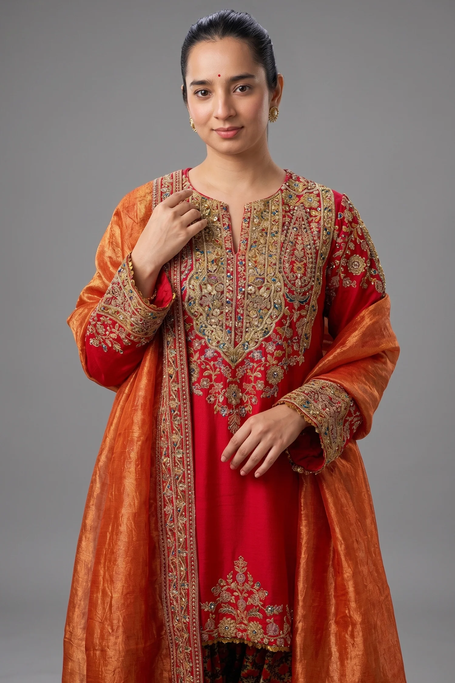 Red Matka Silk Zardosi and Sequinned Worked Suit - Image 2