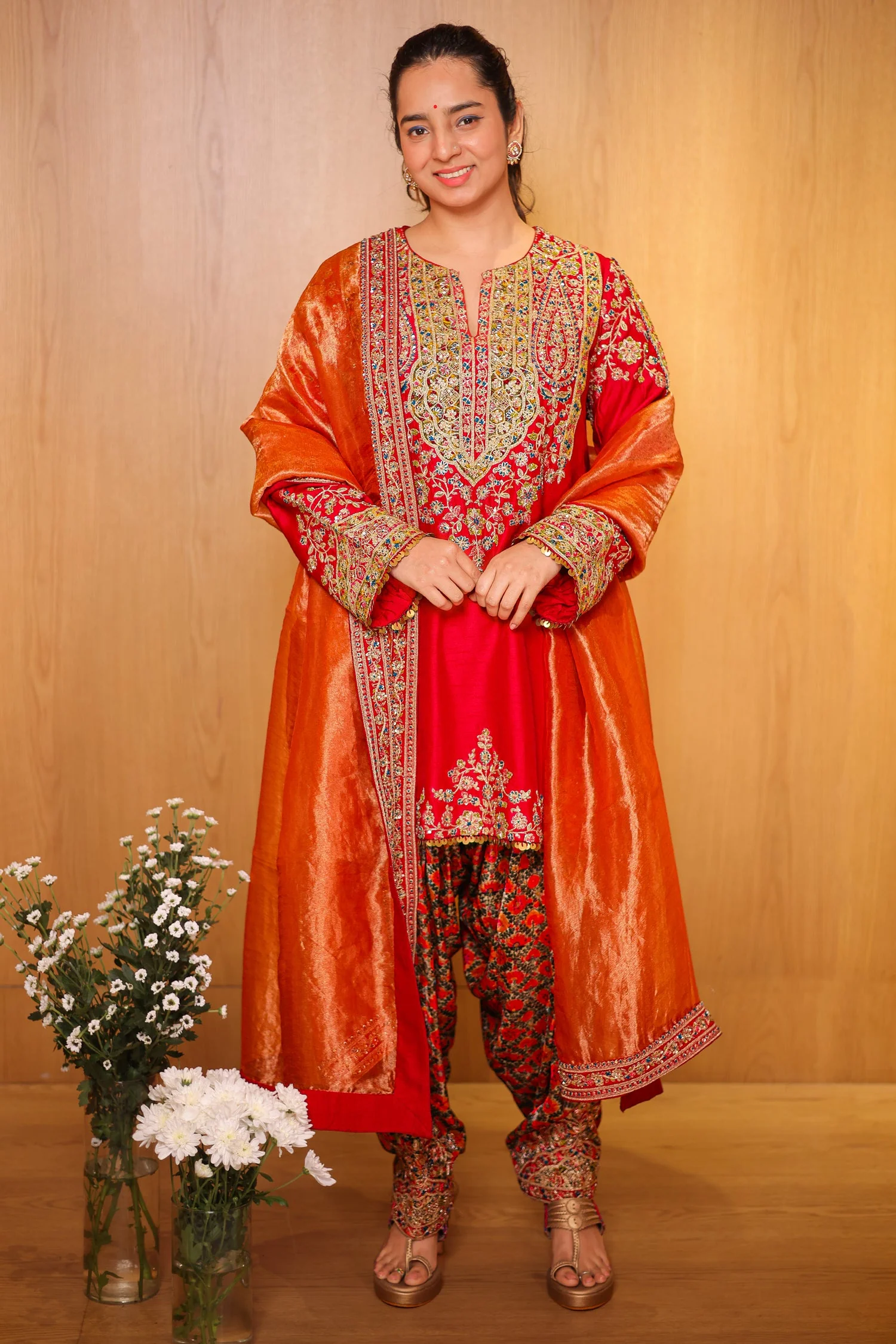 Red Matka Silk Zardosi and Sequinned Worked Suit - Image 3