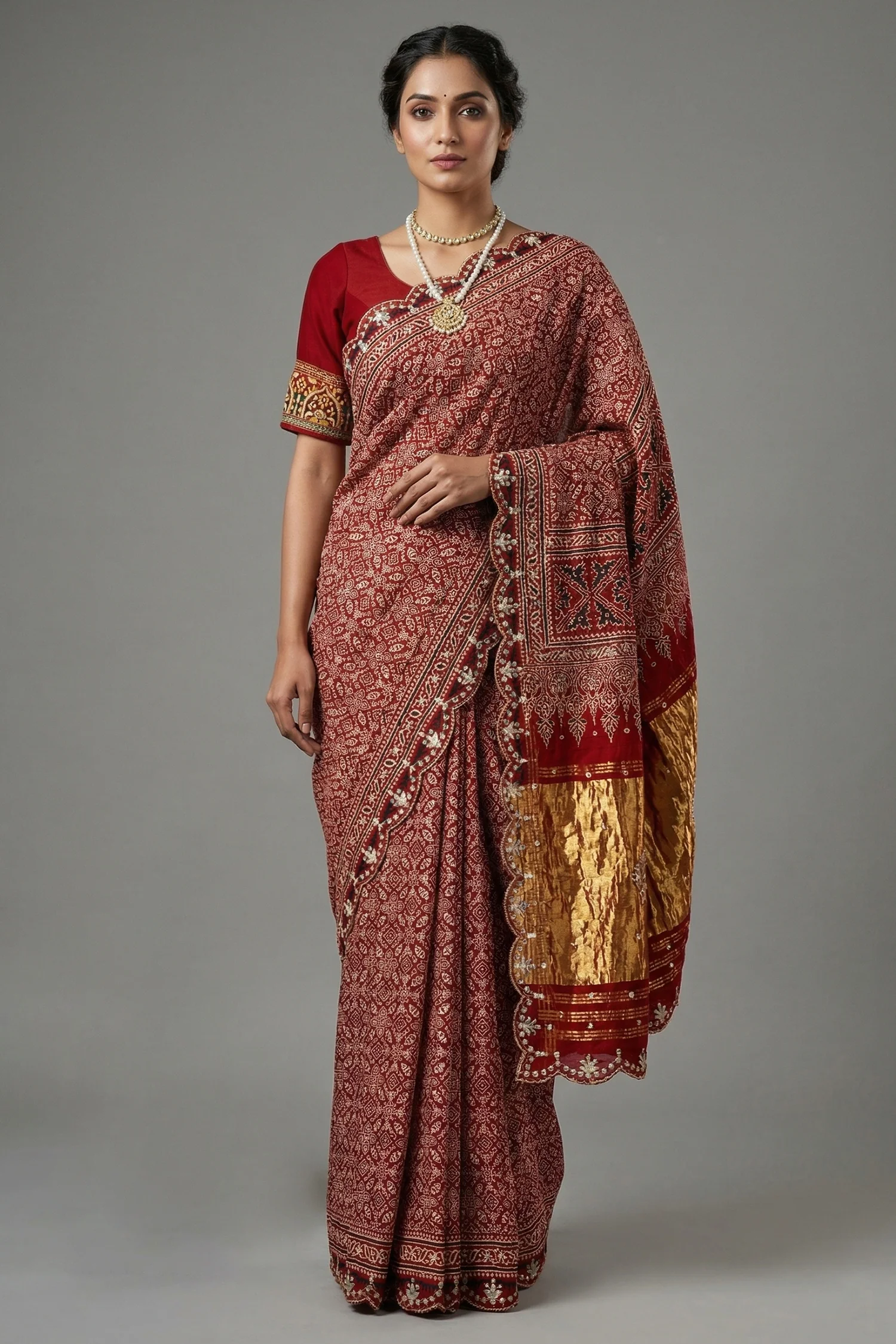Red Modal Silk Ajrakh Printed Saree with Applique and Gota Work