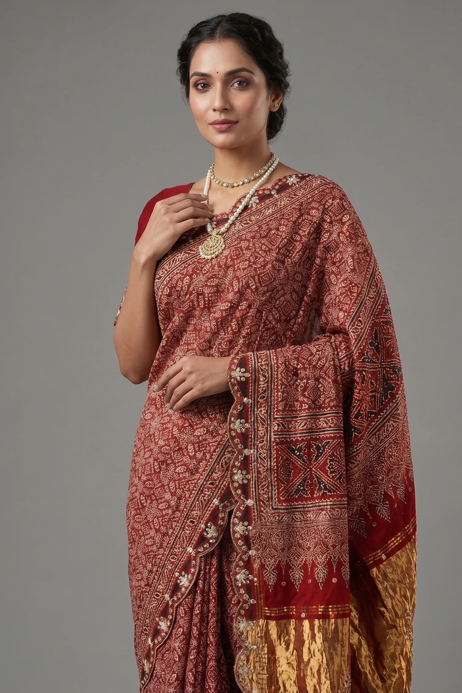 Red Modal Silk Ajrakh Printed Saree with Applique and Gota Work - Image 2