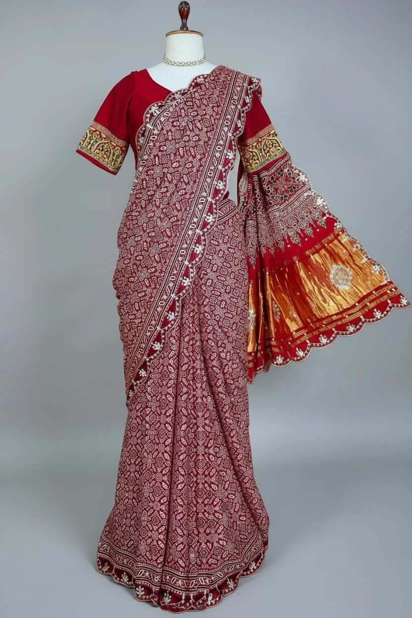 Red Modal Silk Ajrakh Printed Saree with Applique and Gota Work - Image 3