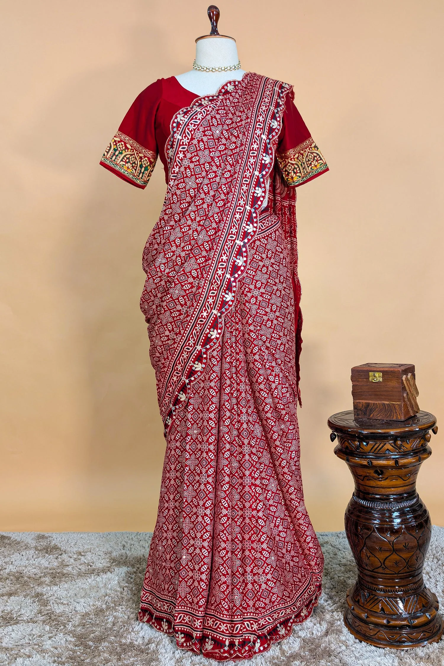 Red Modal Silk Ajrakh Printed Saree with Applique and Gota Work - Image 4