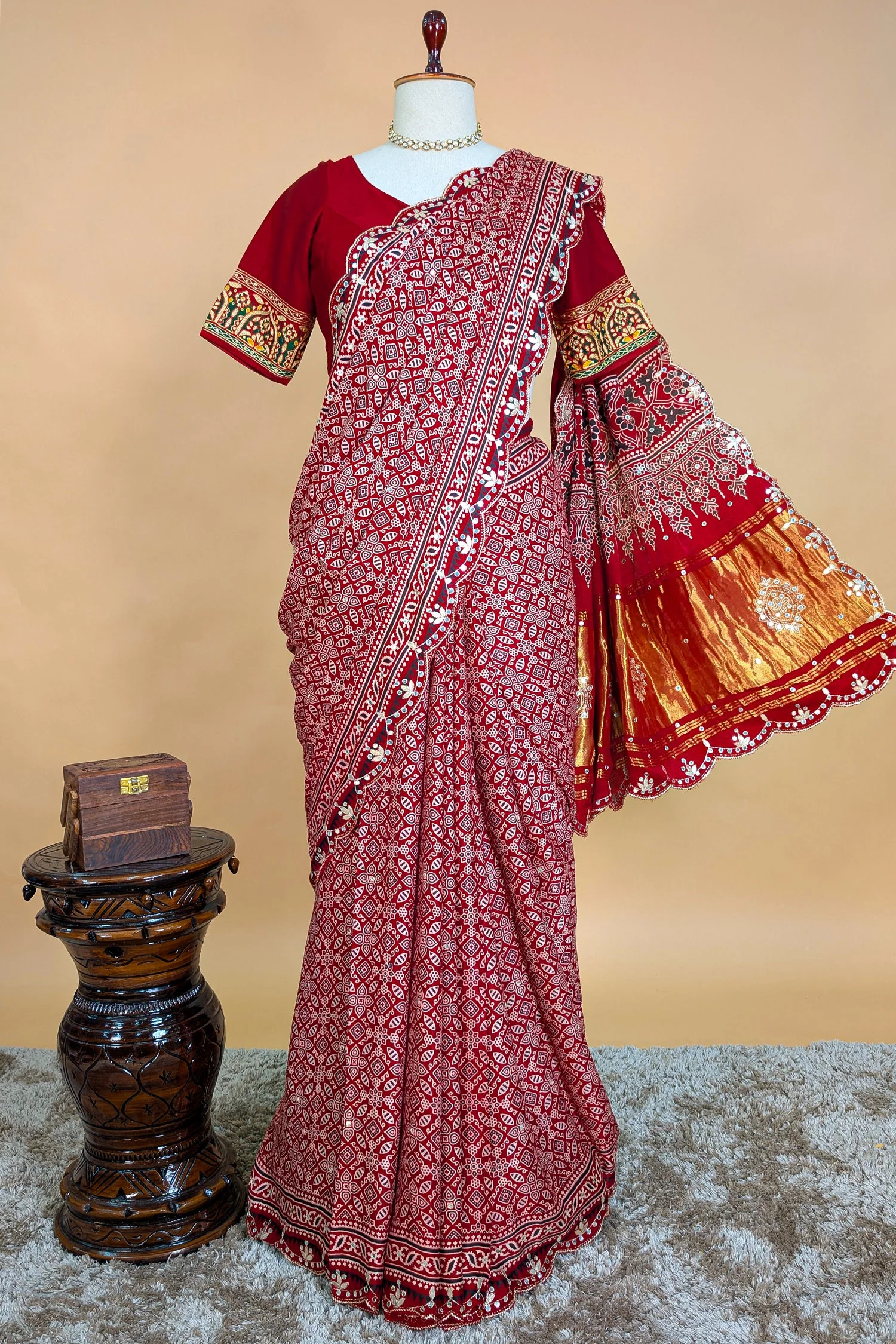 Red Modal Silk Ajrakh Printed Saree with Applique and Gota Work - Image 5