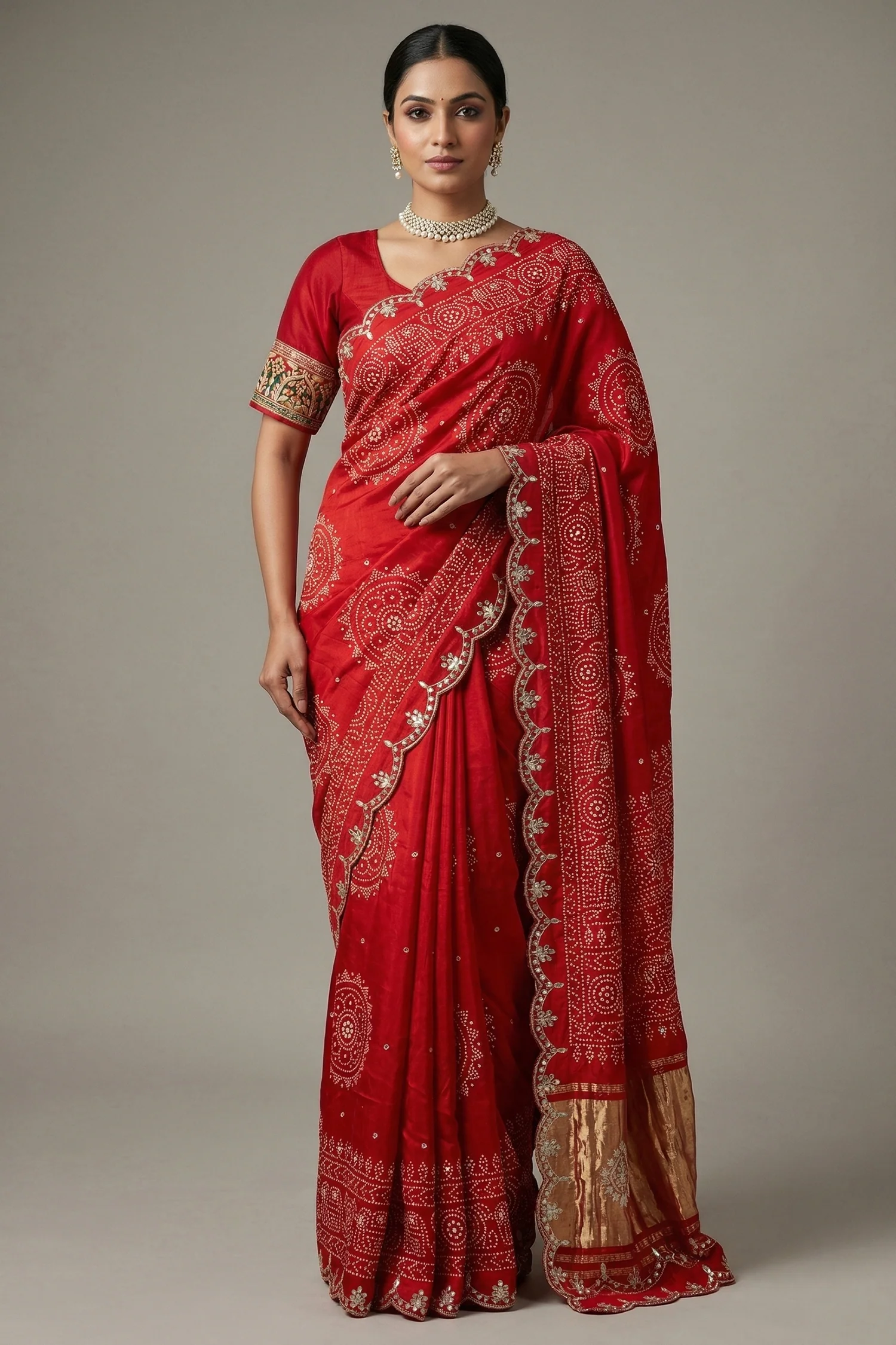 Red Modal Silk Ajrakh Printed Saree with Applique and Gota Work