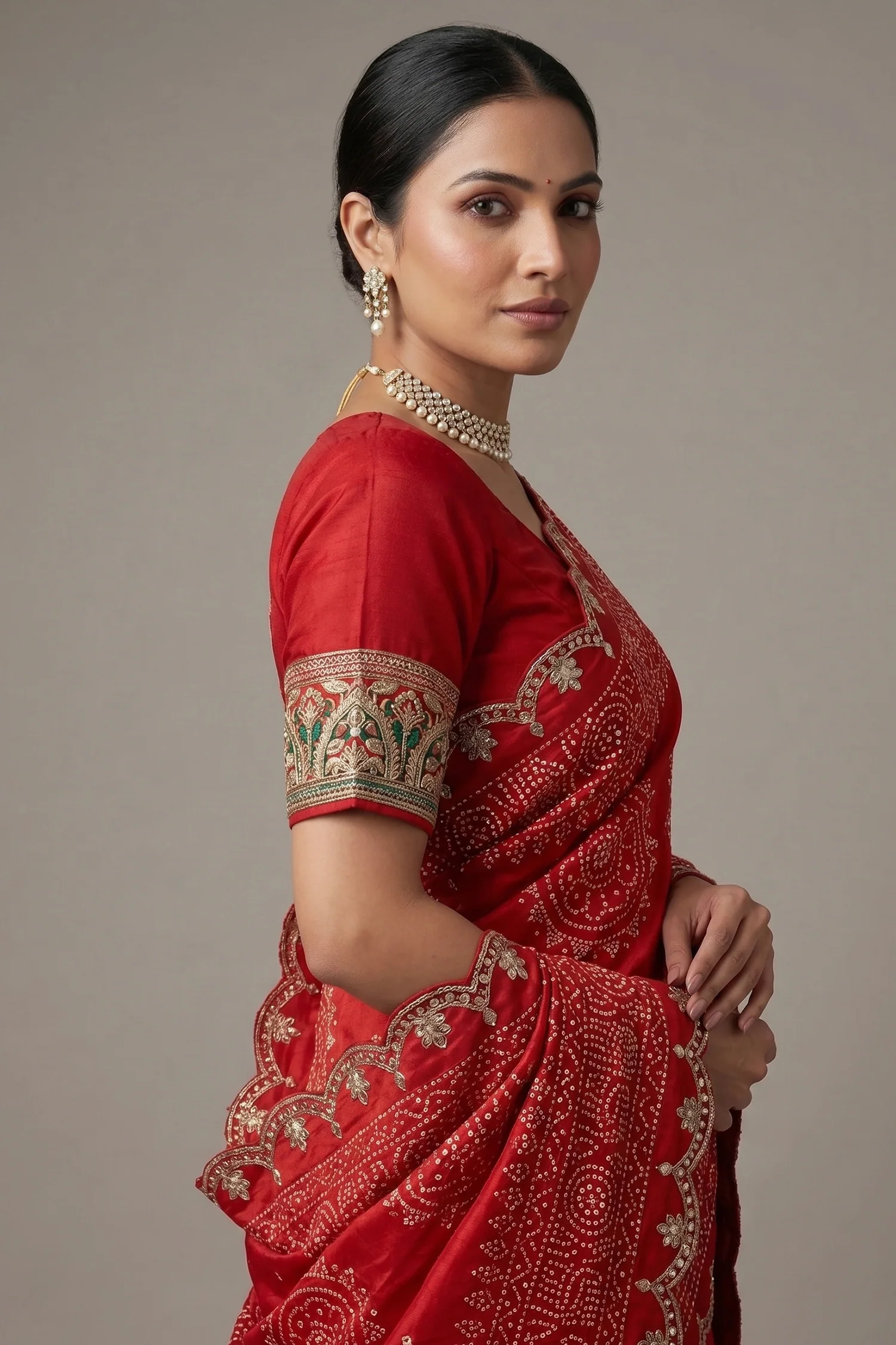 Red Modal Silk Ajrakh Printed Saree with Applique and Gota Work - Image 2