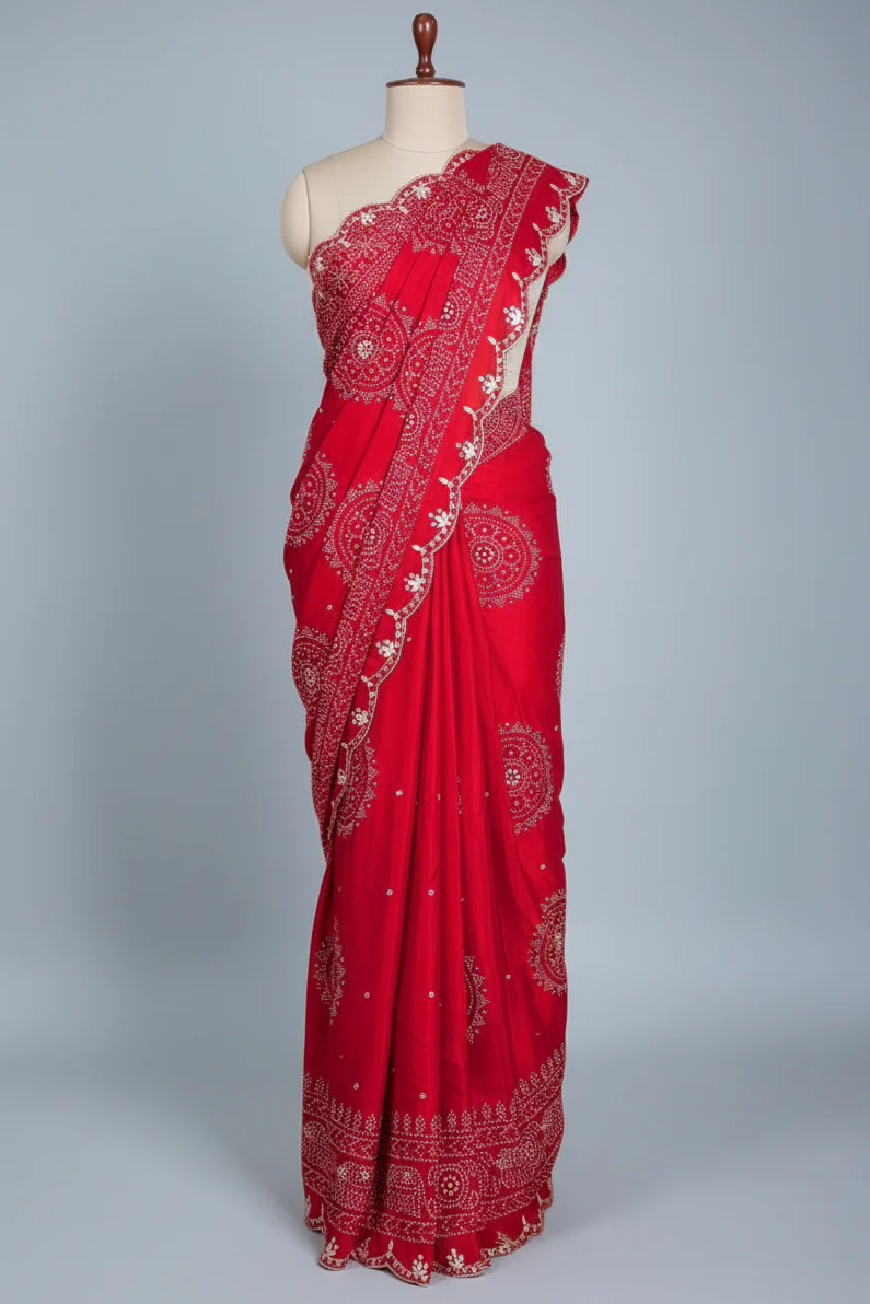 Red Modal Silk Ajrakh Printed Saree with Applique and Gota Work - Image 3
