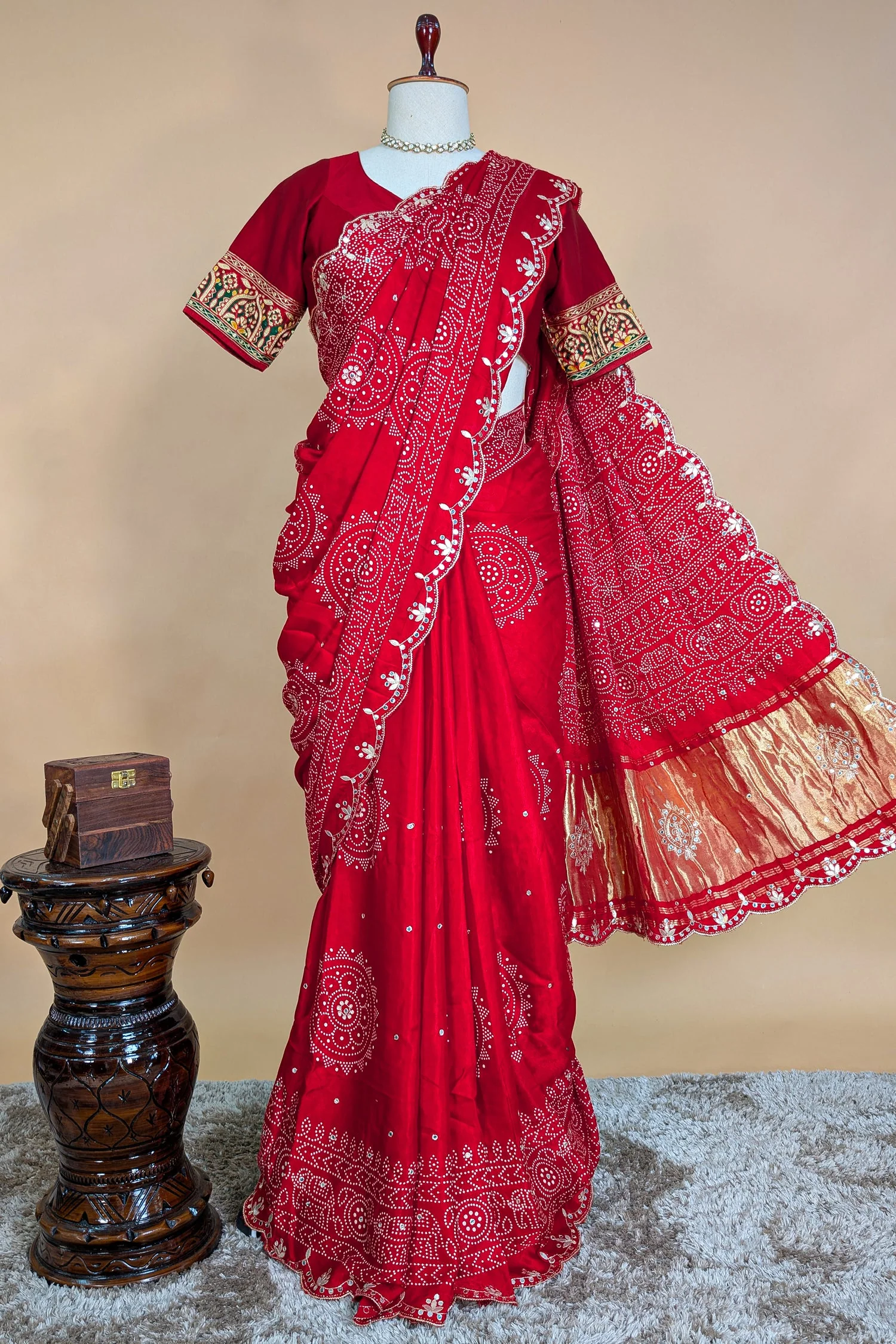 Red Modal Silk Ajrakh Printed Saree with Applique and Gota Work - Image 4