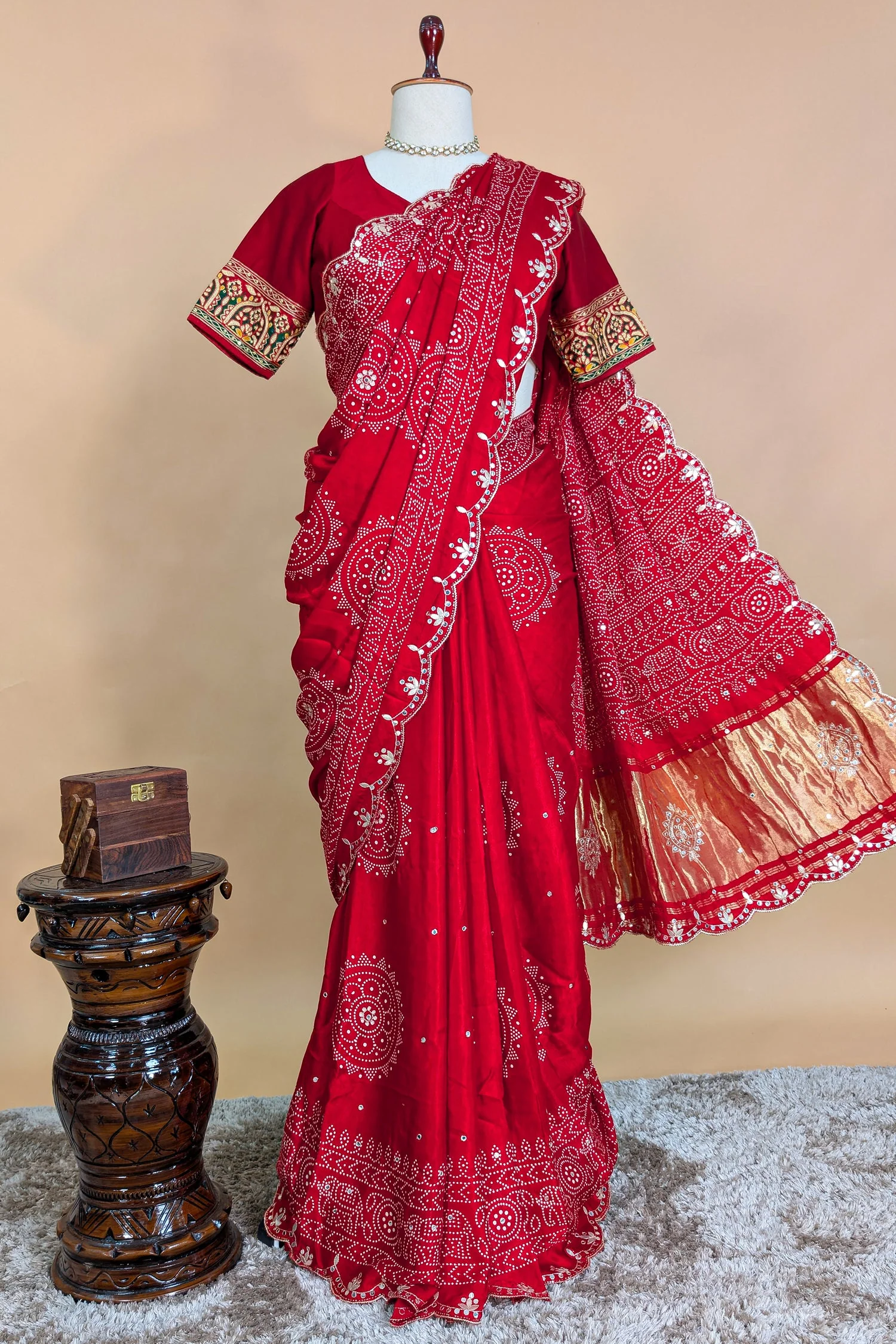 Red Modal Silk Ajrakh Printed Saree with Applique and Gota Work - Image 5