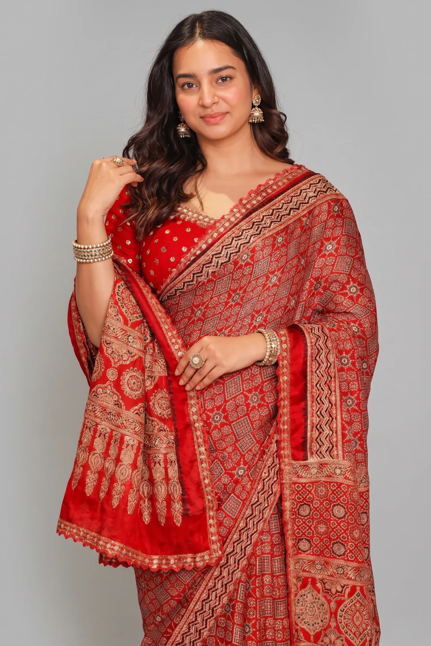 Red Modal Silk Ajrakh Printed Saree with Applique and Readymade Blouse - Image 2