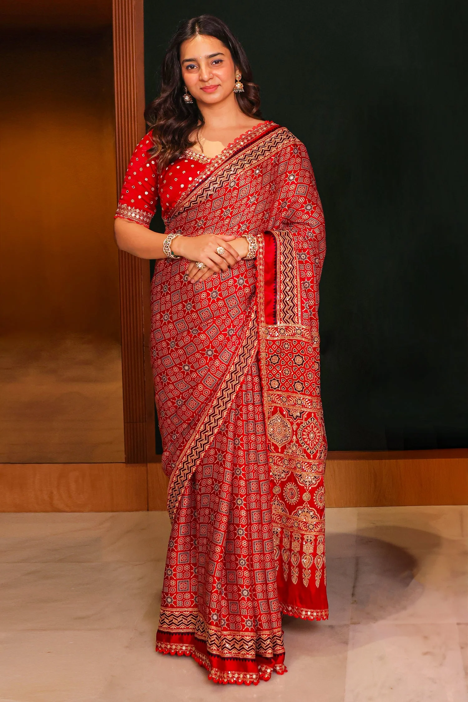 Red Modal Silk Ajrakh Printed Saree with Applique and Readymade Blouse - Image 3
