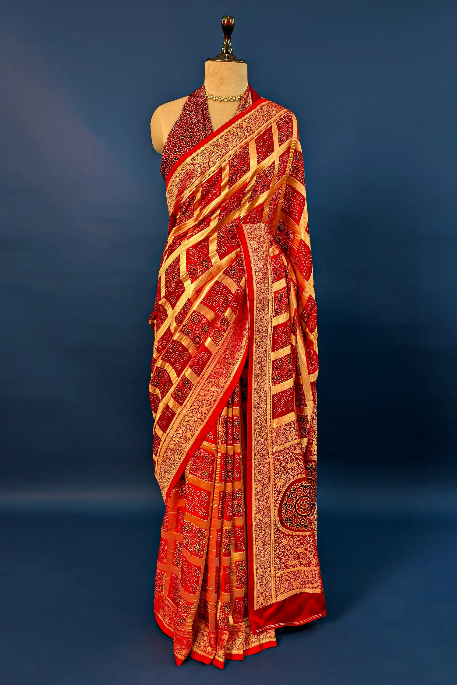 Red Modal Silk Checks Ajrakh Printed Saree - Image 2