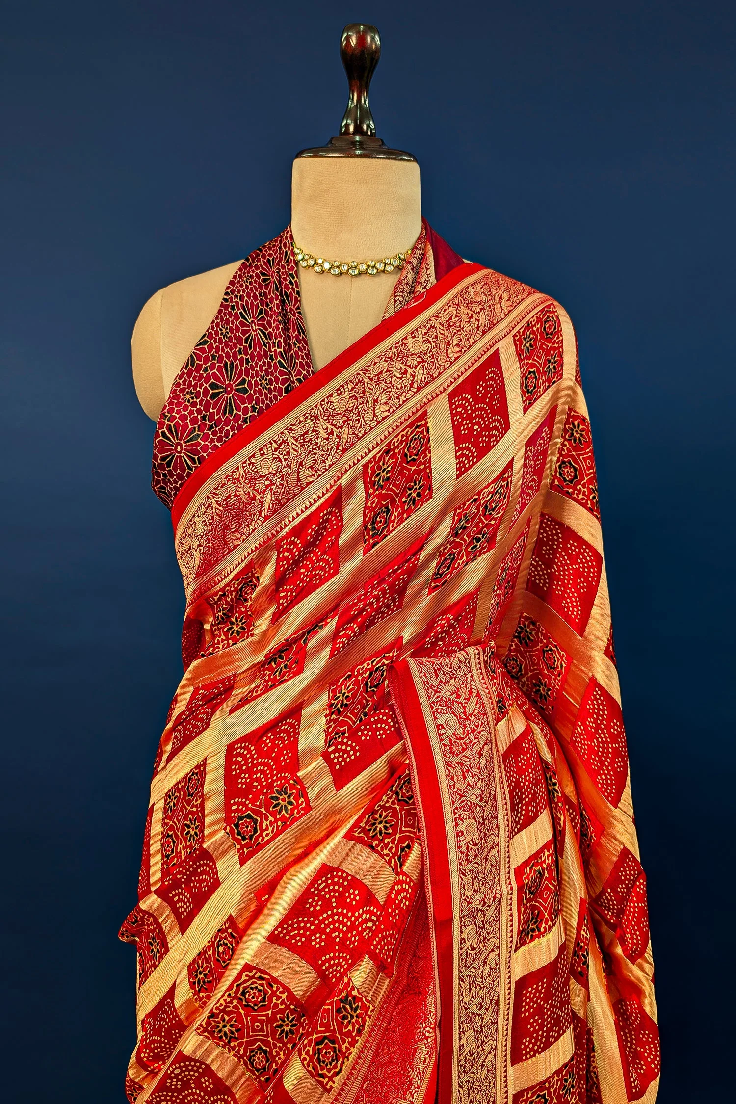 Red Modal Silk Checks Ajrakh Printed Saree - Image 3