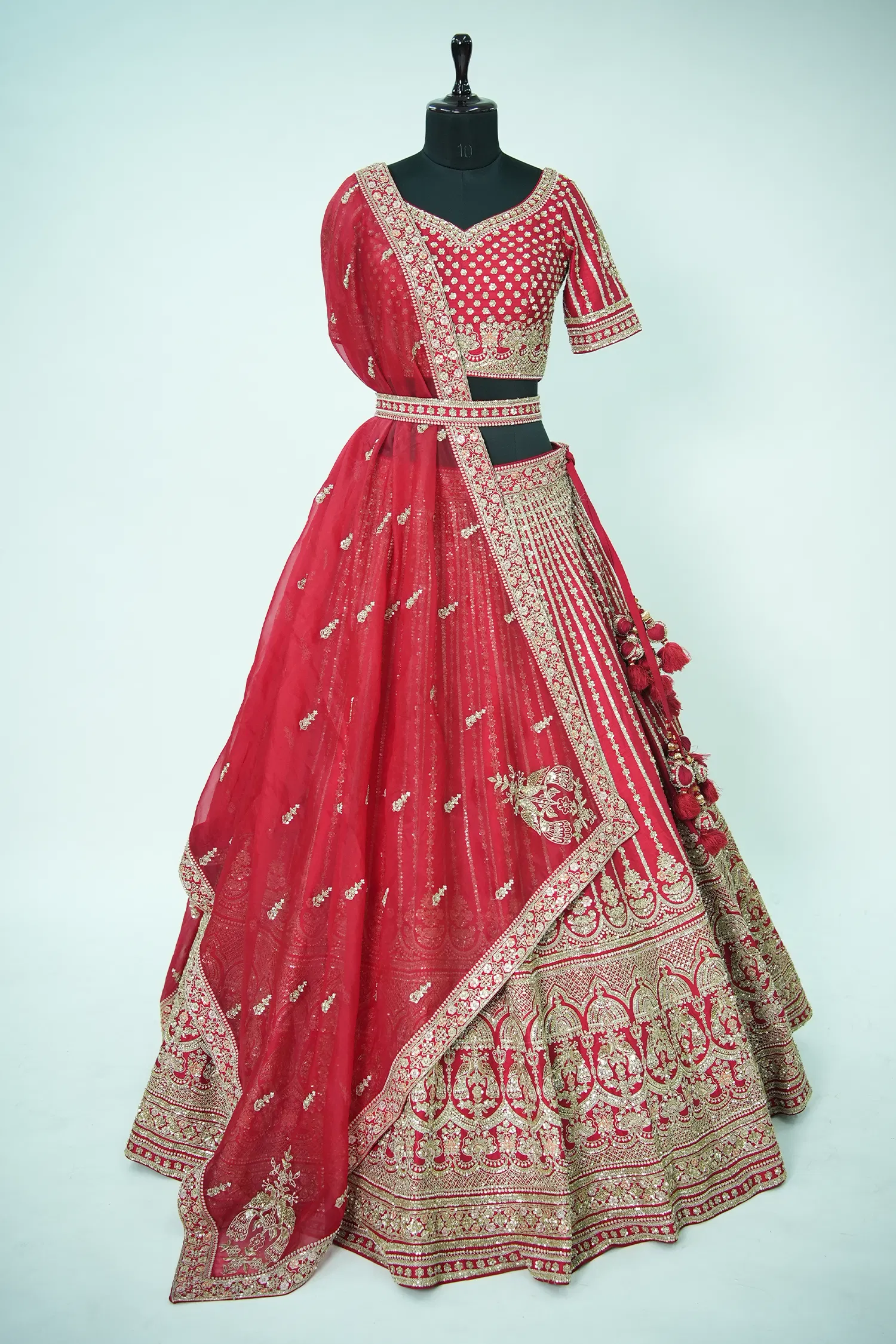 Red Raw Silk Designer Heavy Bridal Lehenga - Image 2