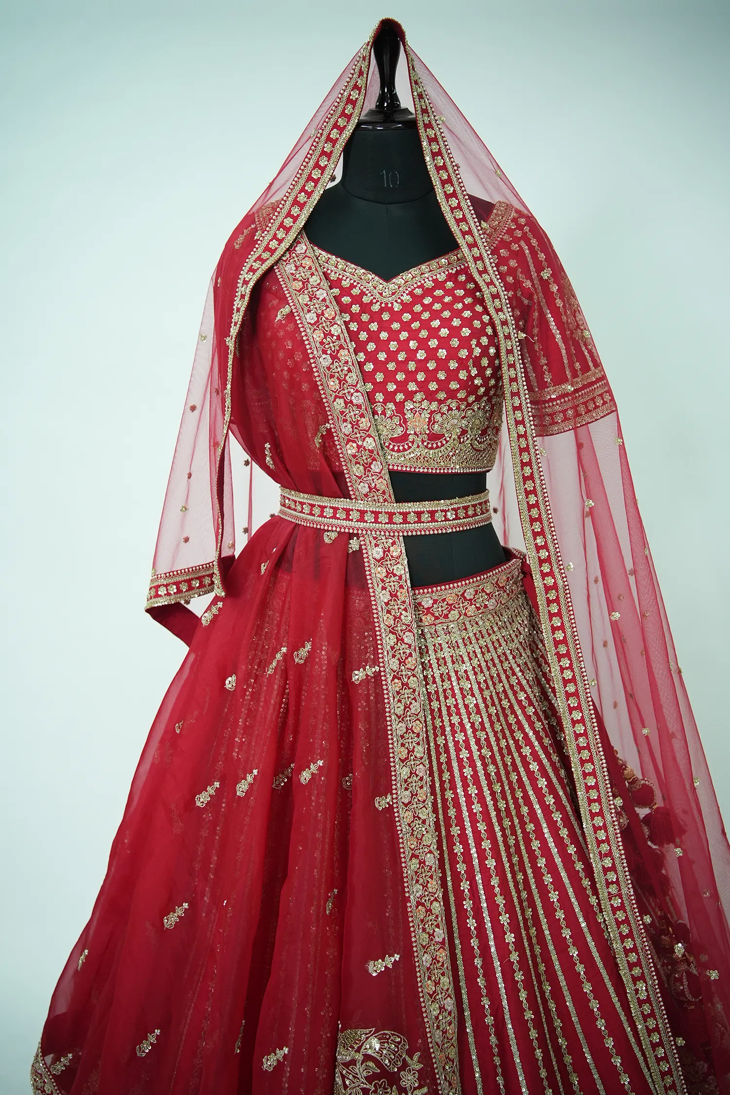 Red Raw Silk Designer Heavy Bridal Lehenga - Image 3