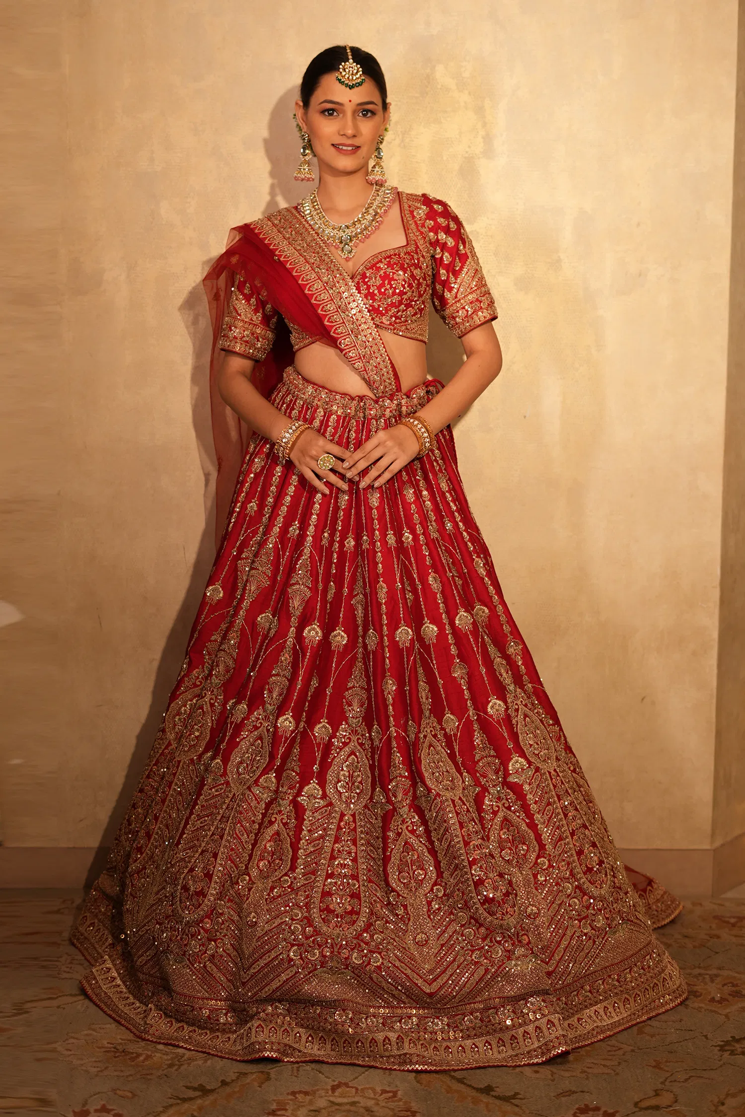 Red Raw Silk Designer Zardosi and Cutdana Worked Bridal Lehenga - Image 2