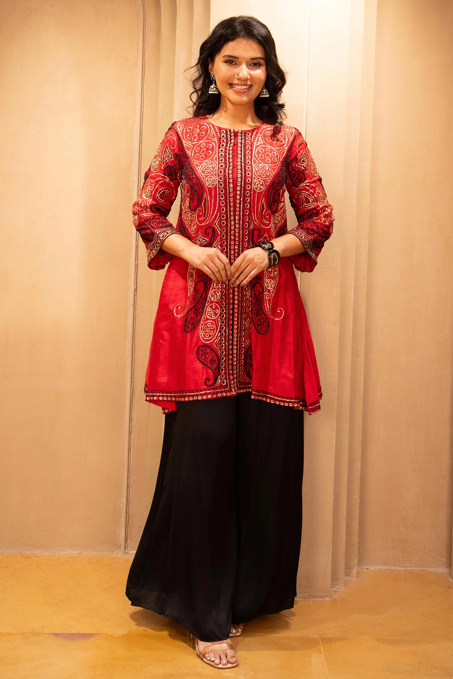 Red Raw Silk Embellished Sequin Beaded Top Palazzo Set - Image 3