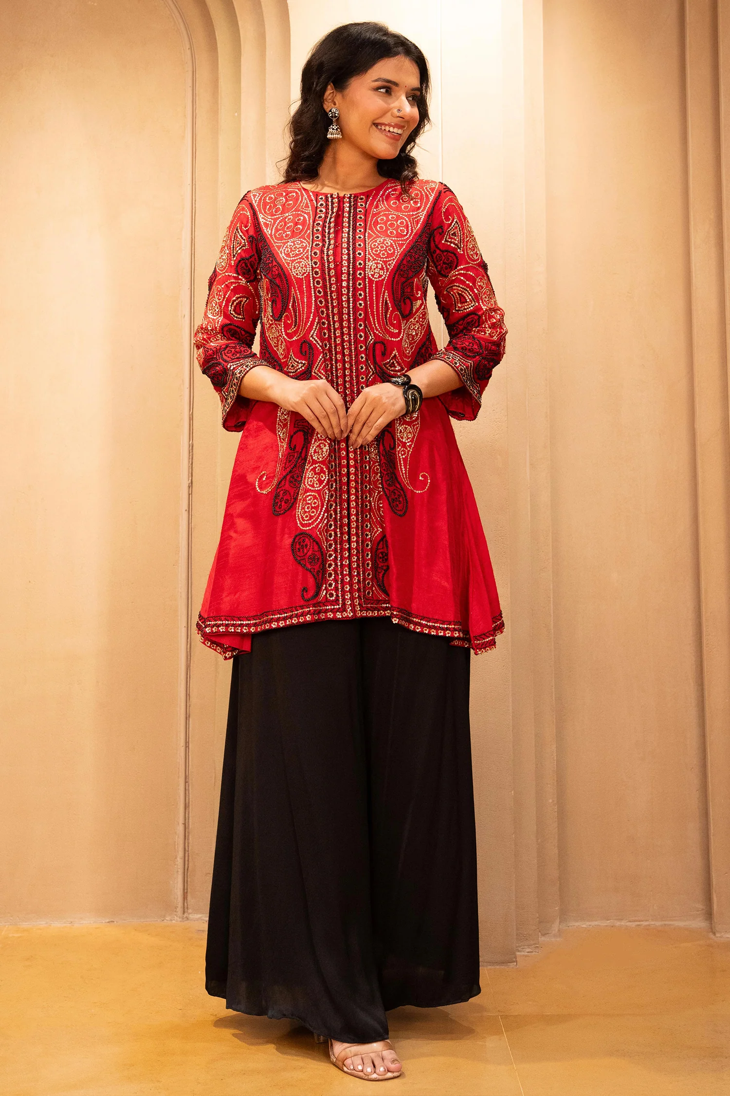 Red Raw Silk Embellished Sequin Beaded Top Palazzo Set - Image 4