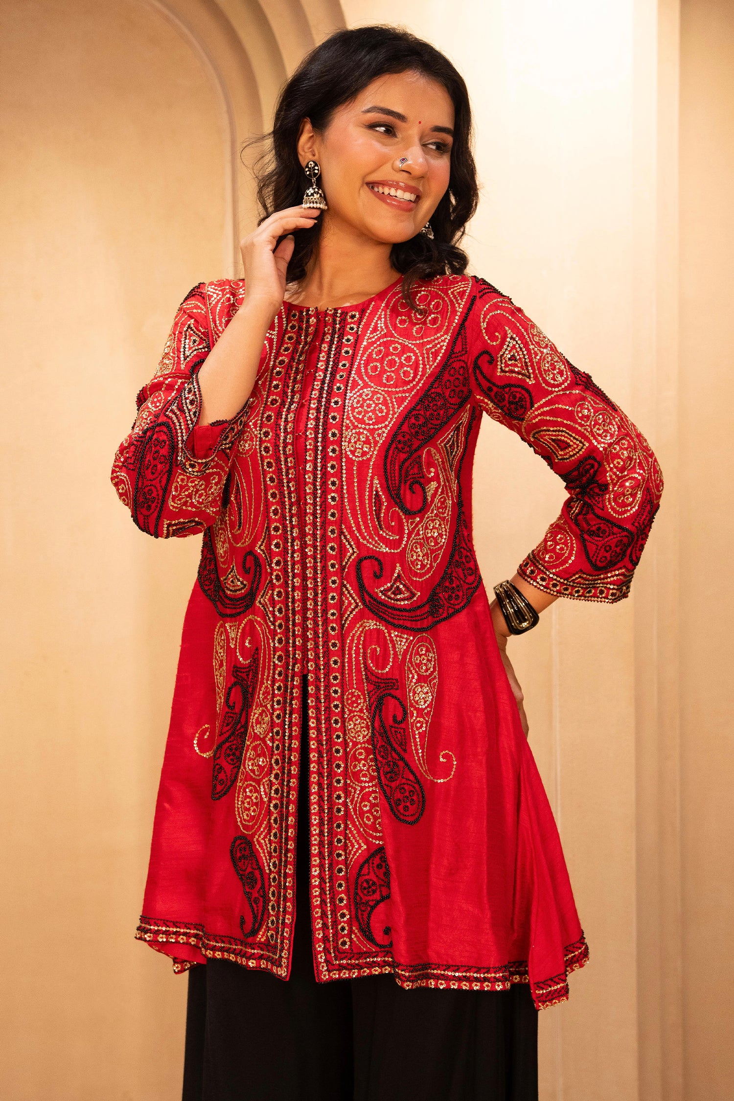 Red Raw Silk Embellished Sequin Beaded Top Palazzo Set - Image 5