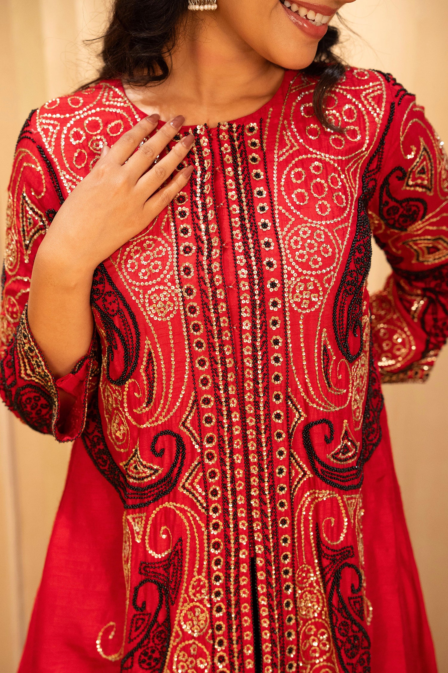 Red Raw Silk Embellished Sequin Beaded Top Palazzo Set - Image 6