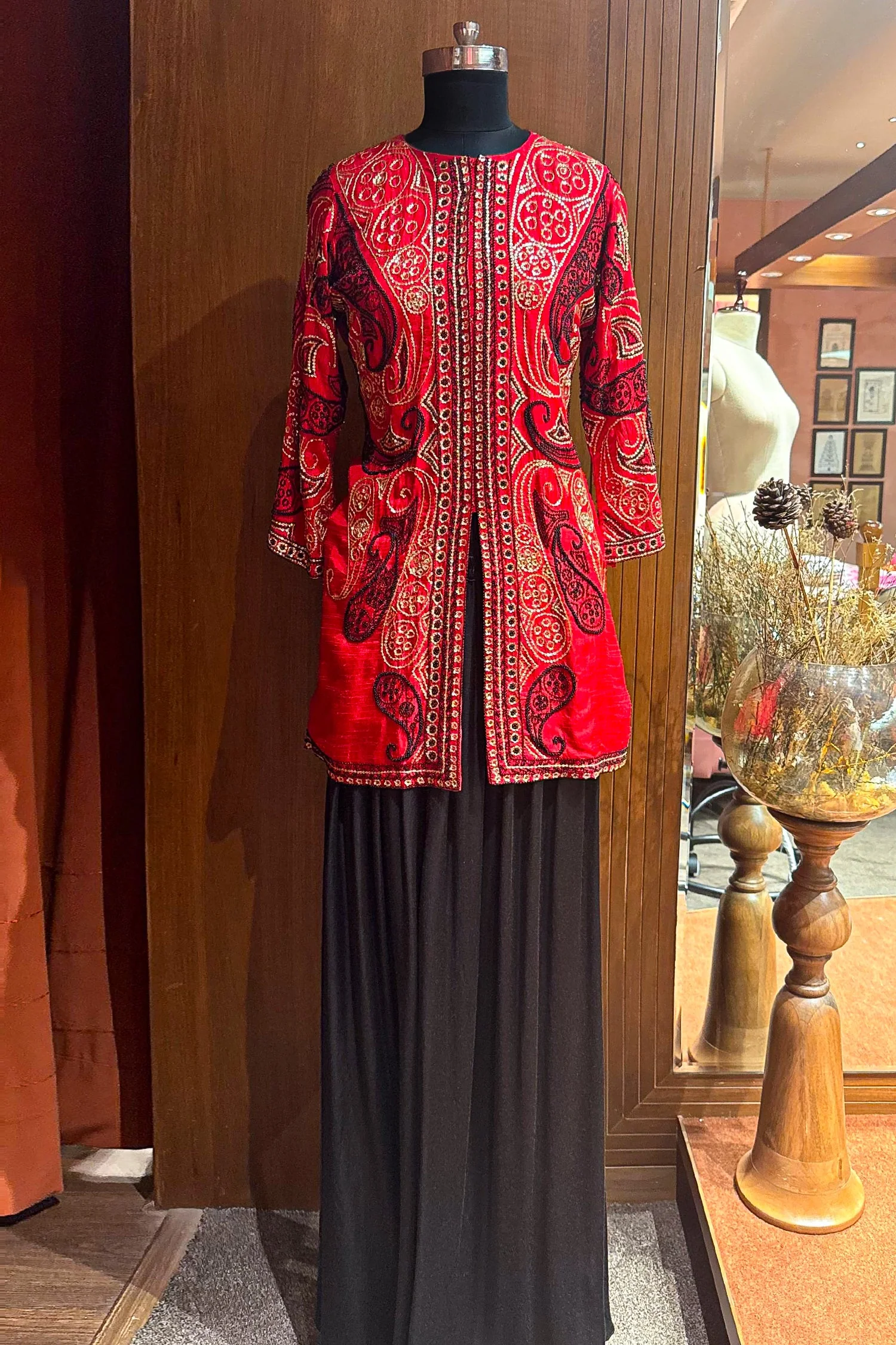 Red Raw Silk Embellished Sequin Beaded Top Palazzo Set - Image 7