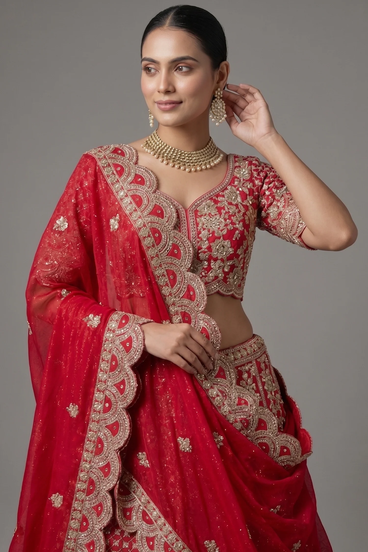 Red Raw Silk Floral Motif Sequin and Bead Worked Bridal Lehenga - Image 2