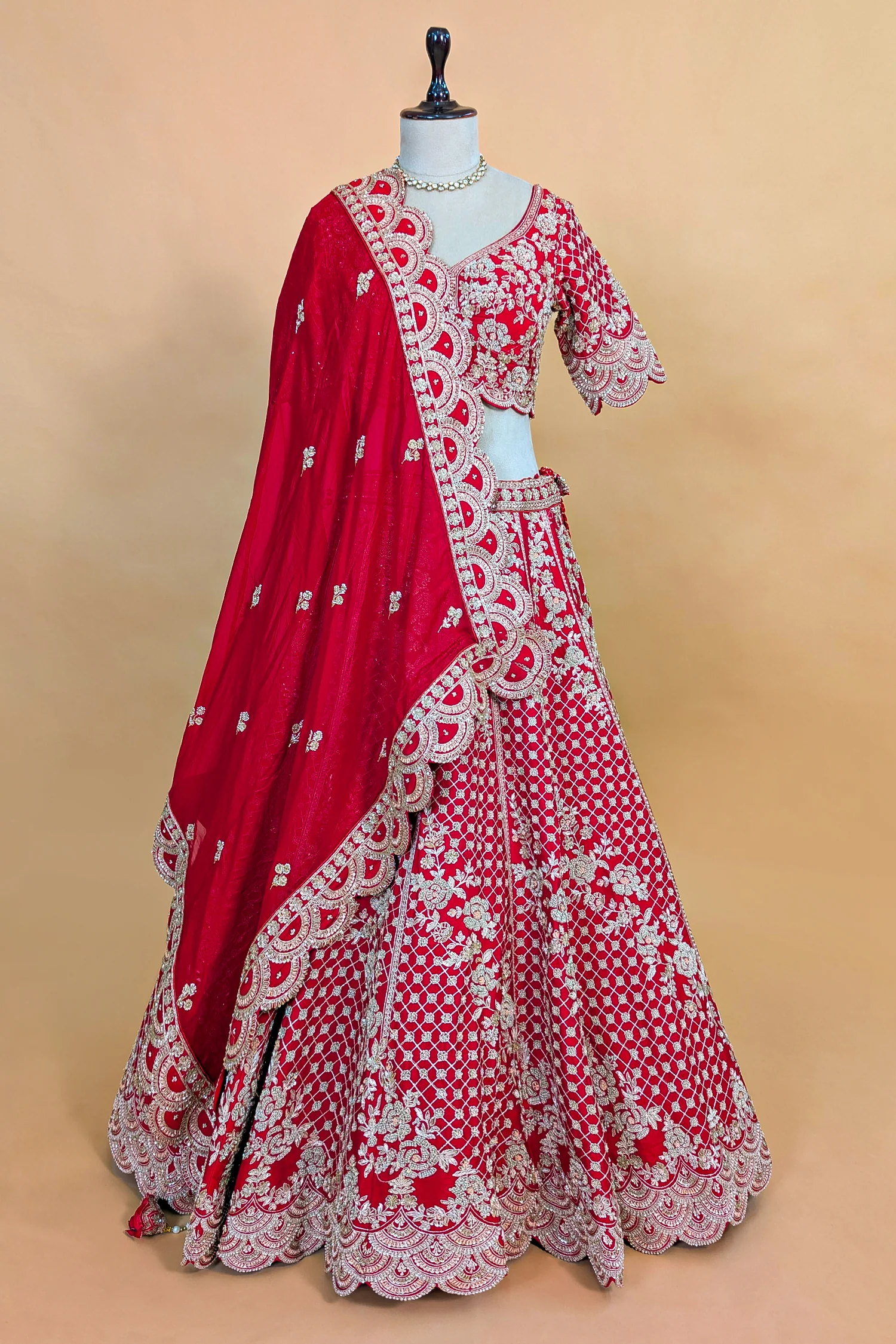 Red Raw Silk Floral Motif Sequin and Bead Worked Bridal Lehenga - Image 3