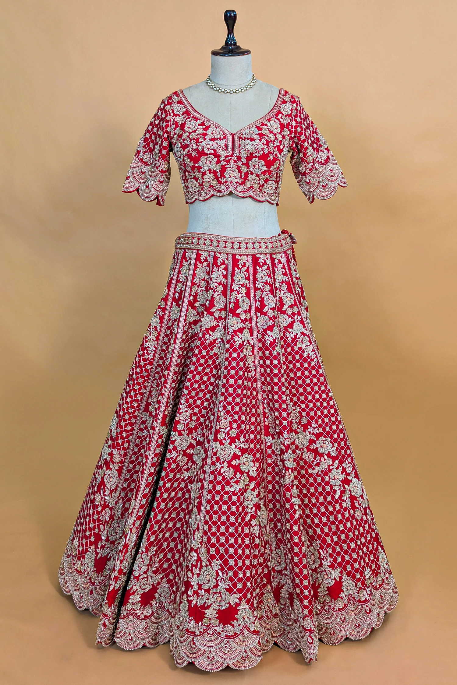 Red Raw Silk Floral Motif Sequin and Bead Worked Bridal Lehenga - Image 4