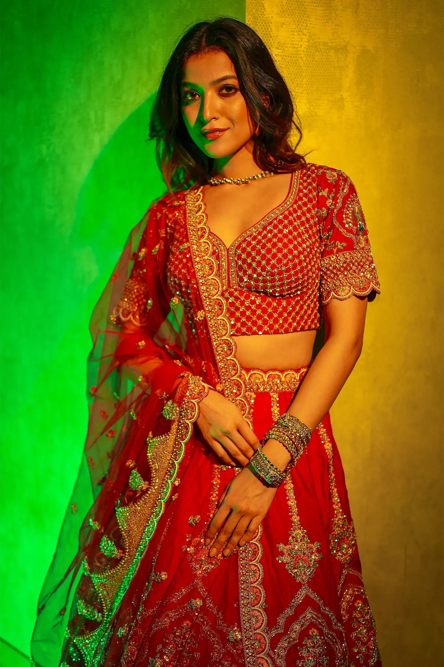 Red Raw Silk Heavy Bridal Lehenga with Peacock and Floral Motifs - Image 2