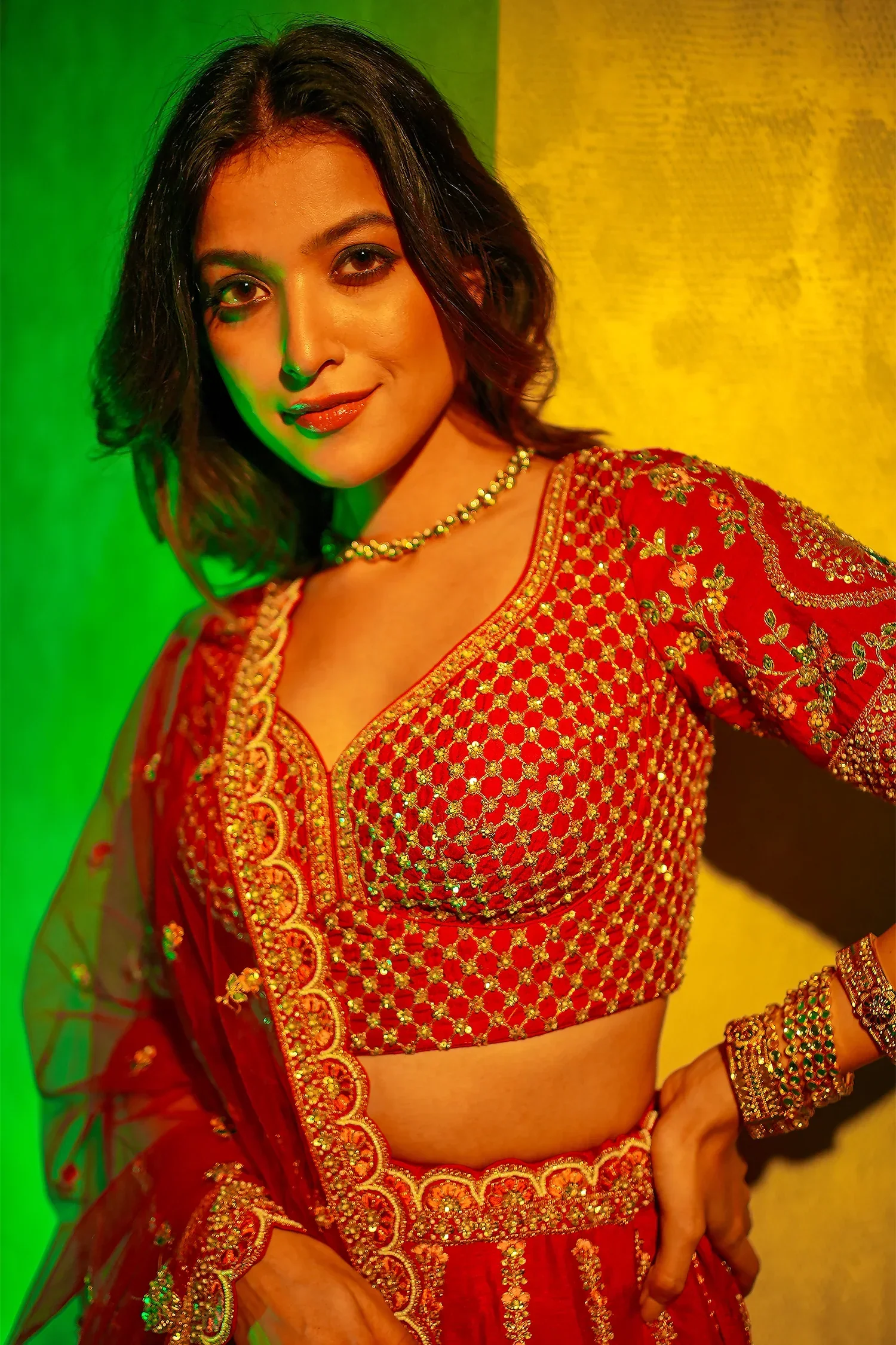 Red Raw Silk Heavy Bridal Lehenga with Peacock and Floral Motifs - Image 3
