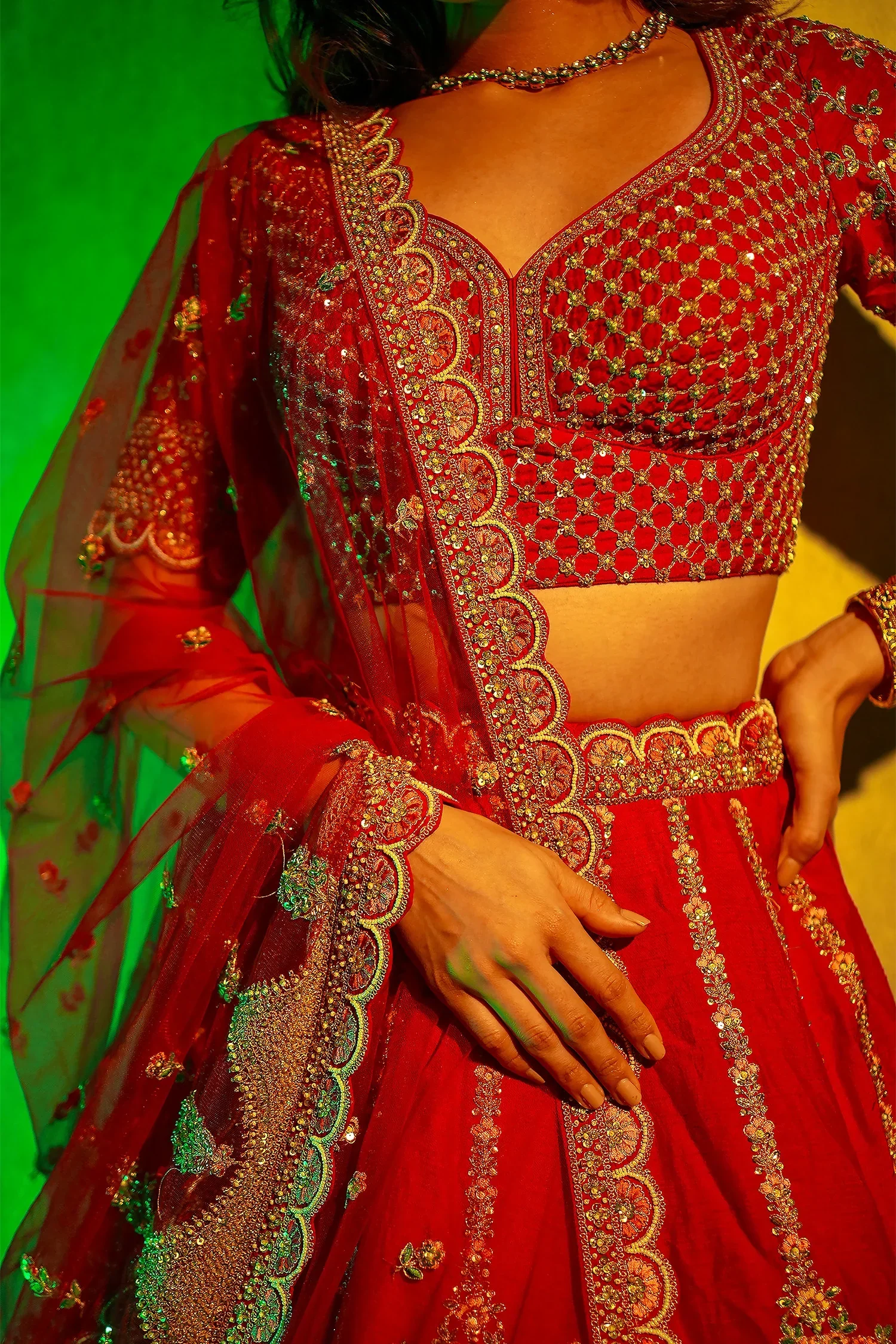 Red Raw Silk Heavy Bridal Lehenga with Peacock and Floral Motifs - Image 4