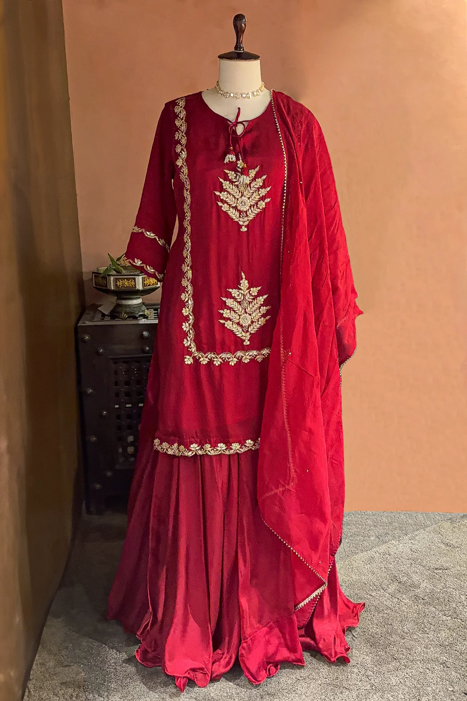 Red Satin Organza Gota Worked Lehenga Suit - Image 3