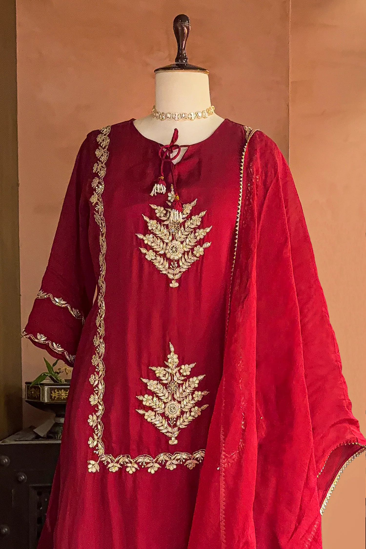 Red Satin Organza Gota Worked Lehenga Suit - Image 4