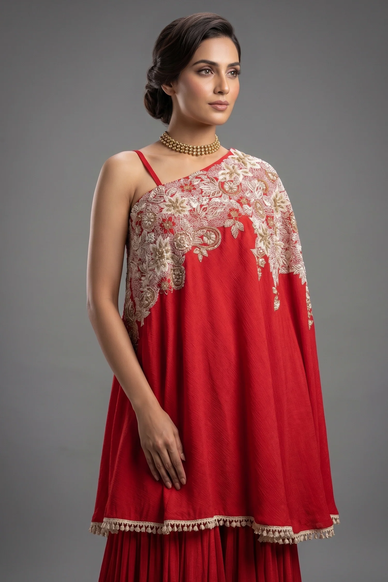Red Satin Silk Beaded and Sequin Embroidered One Shoulder Palazzo Suit - Image 2