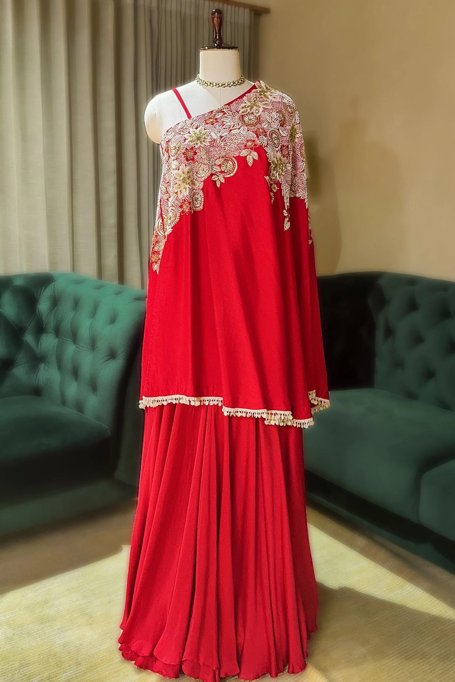 Red Satin Silk Beaded and Sequin Embroidered One Shoulder Palazzo Suit - Image 3