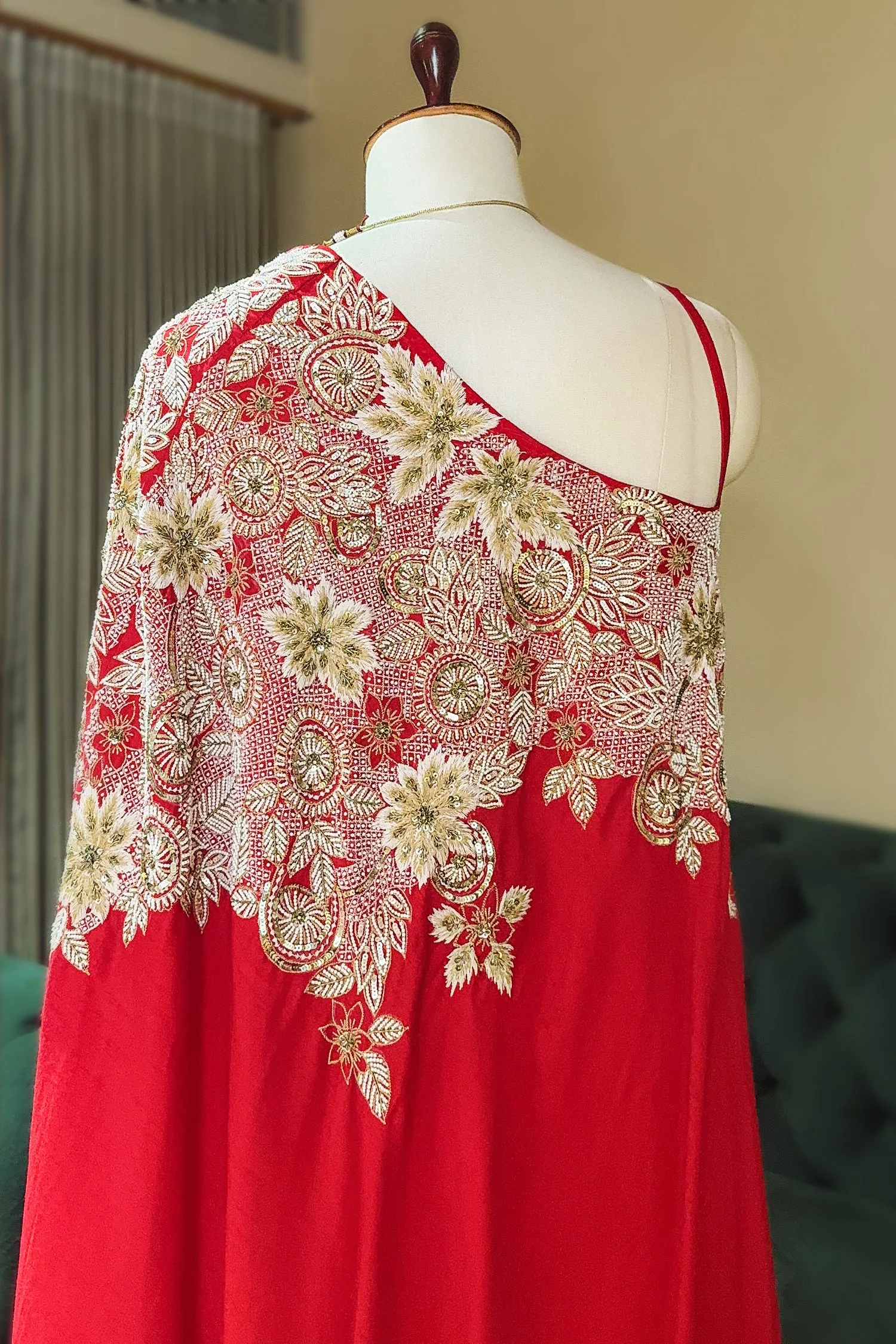 Red Satin Silk Beaded and Sequin Embroidered One Shoulder Palazzo Suit - Image 4