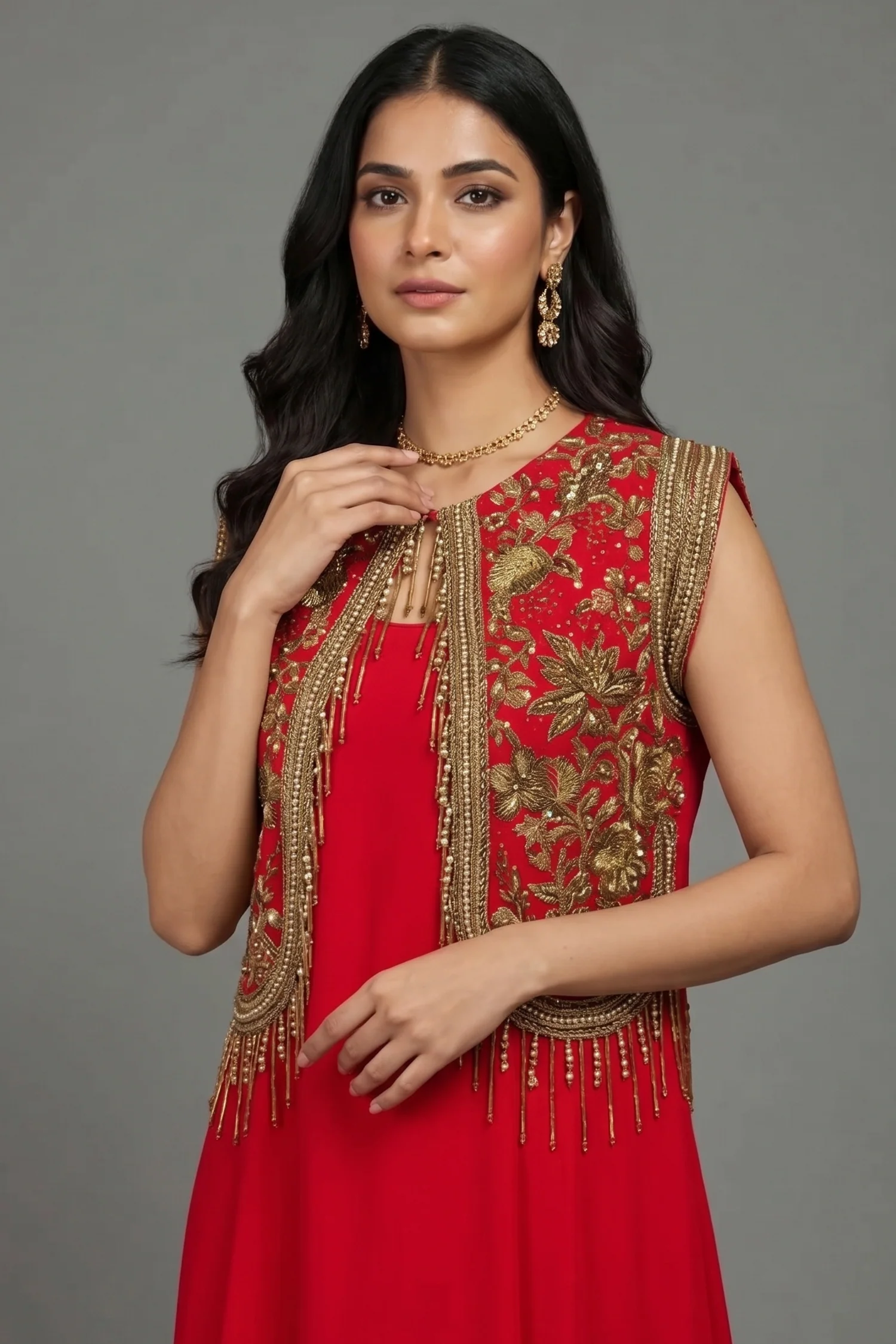 Red Satin Silk Dress with Embellished Jacket - Image 2