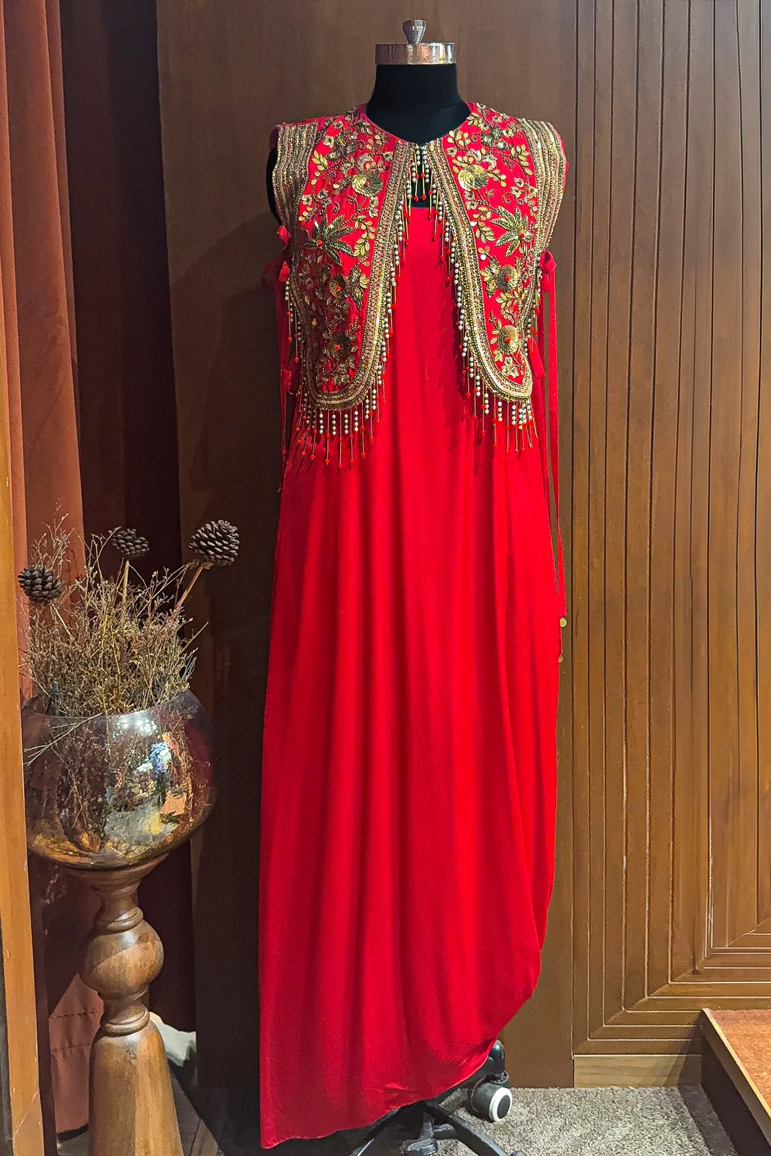 Red Satin Silk Dress with Embellished Jacket - Image 3