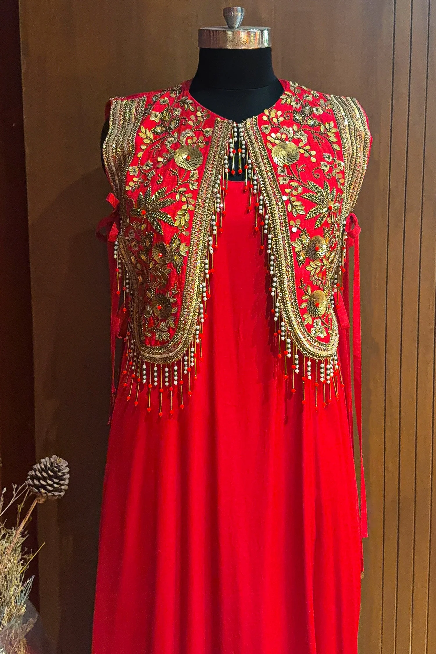 Red Satin Silk Dress with Embellished Jacket - Image 4