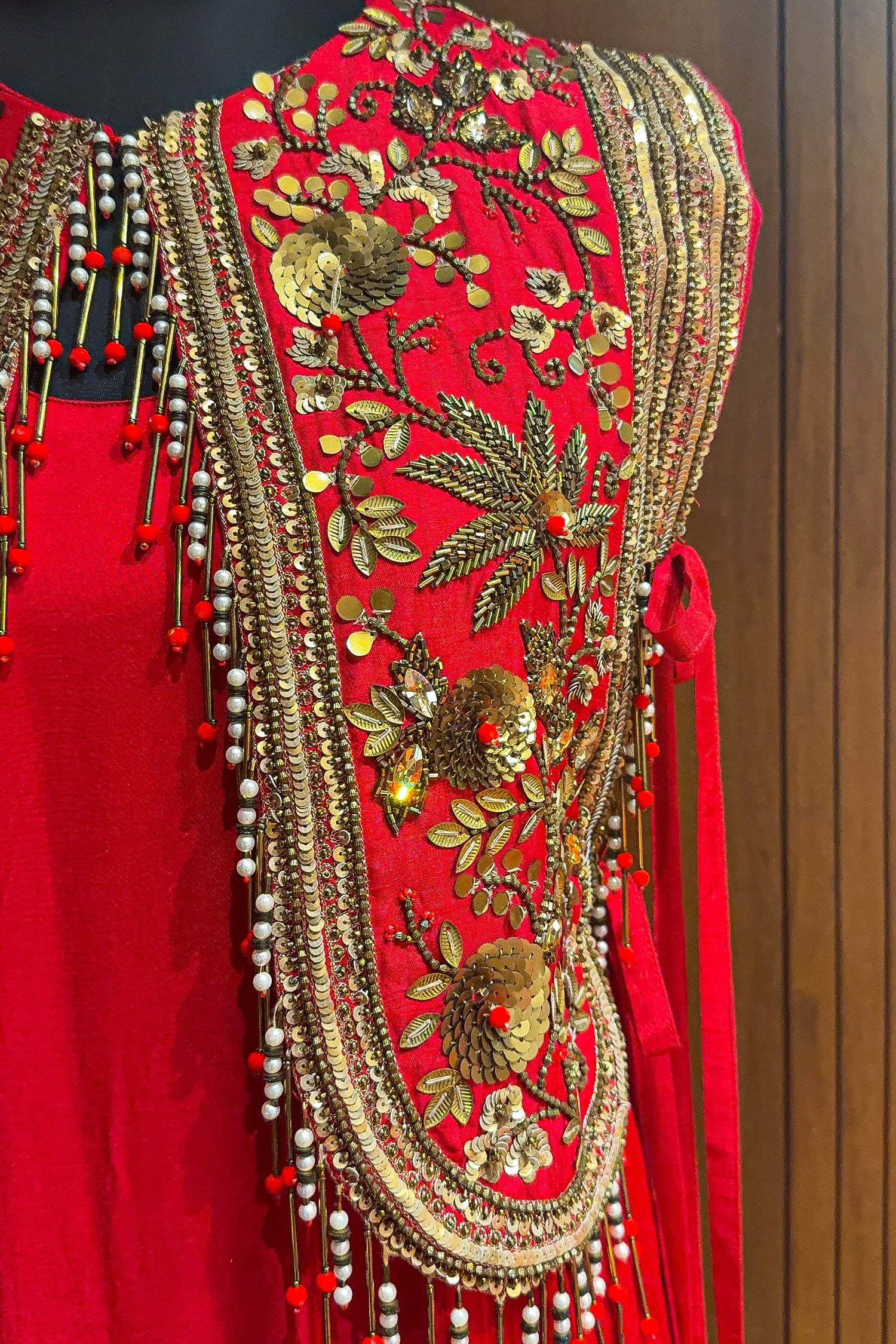 Red Satin Silk Dress with Embellished Jacket - Image 5