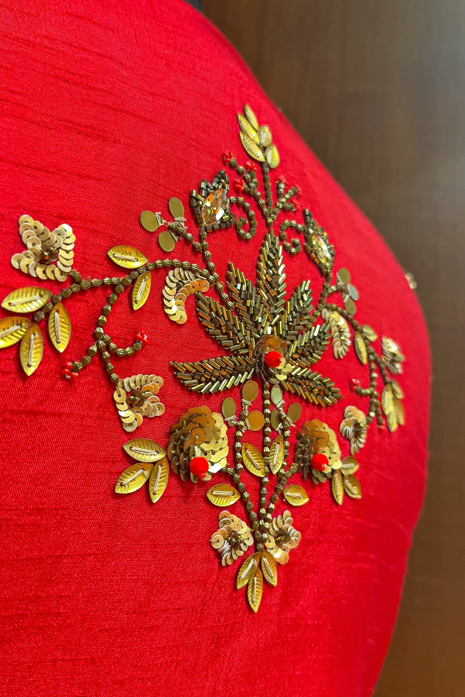 Red Satin Silk Dress with Embellished Jacket - Image 6