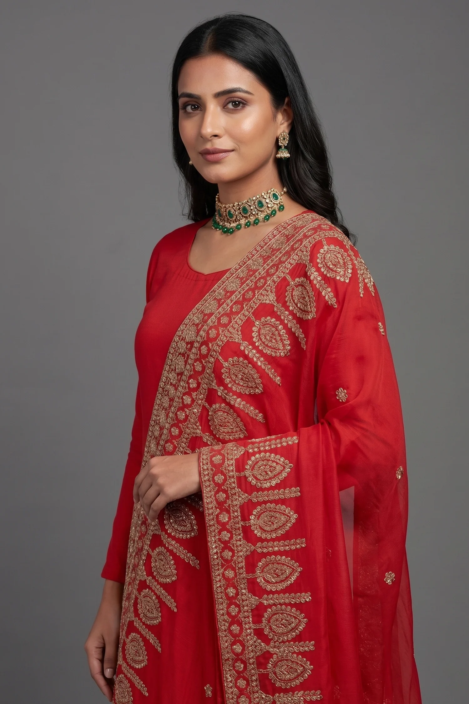 Red Silk Palazzo Suit with Gota Work Cape - Image 2