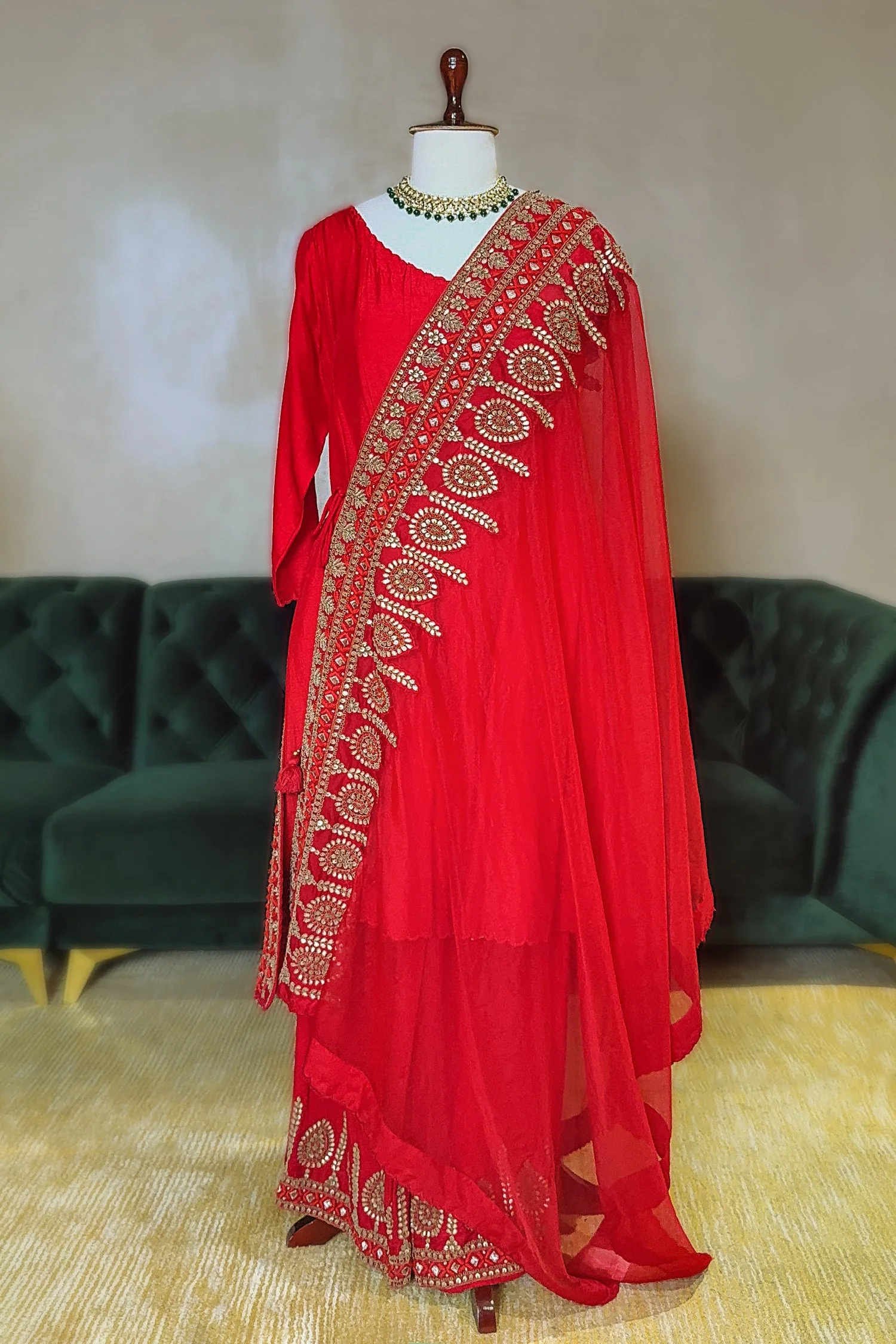 Red Silk Palazzo Suit with Gota Work Cape - Image 3