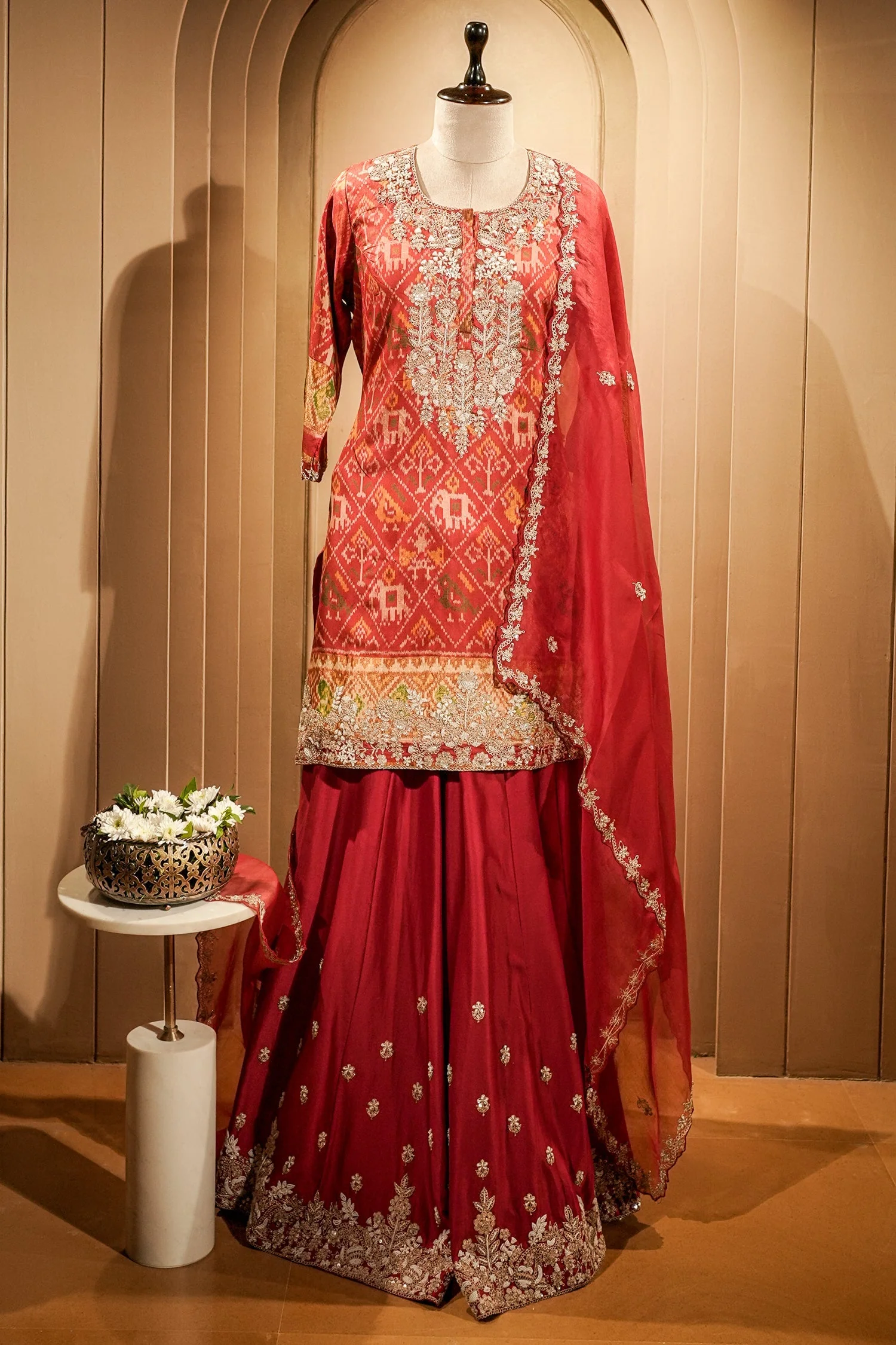 Red Silk Patola Printed Palazzo Suit with Sequin and Beads Work - Image 2