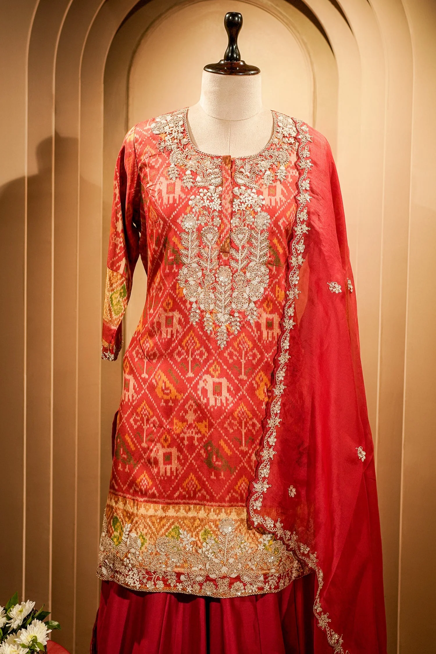 Red Silk Patola Printed Palazzo Suit with Sequin and Beads Work - Image 3