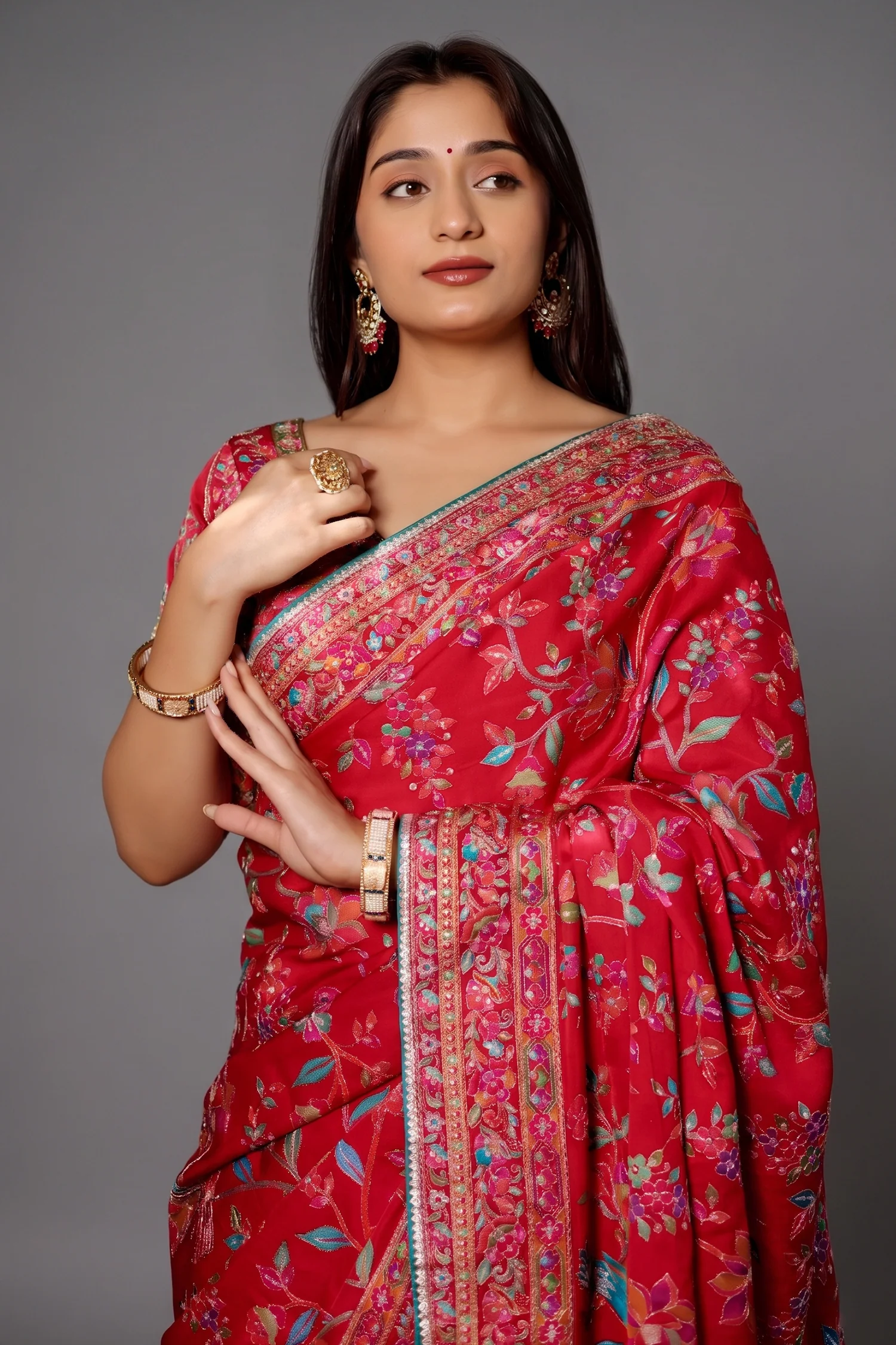 Red Silk Printed Saree with Sequin Embroidery Work - Image 2